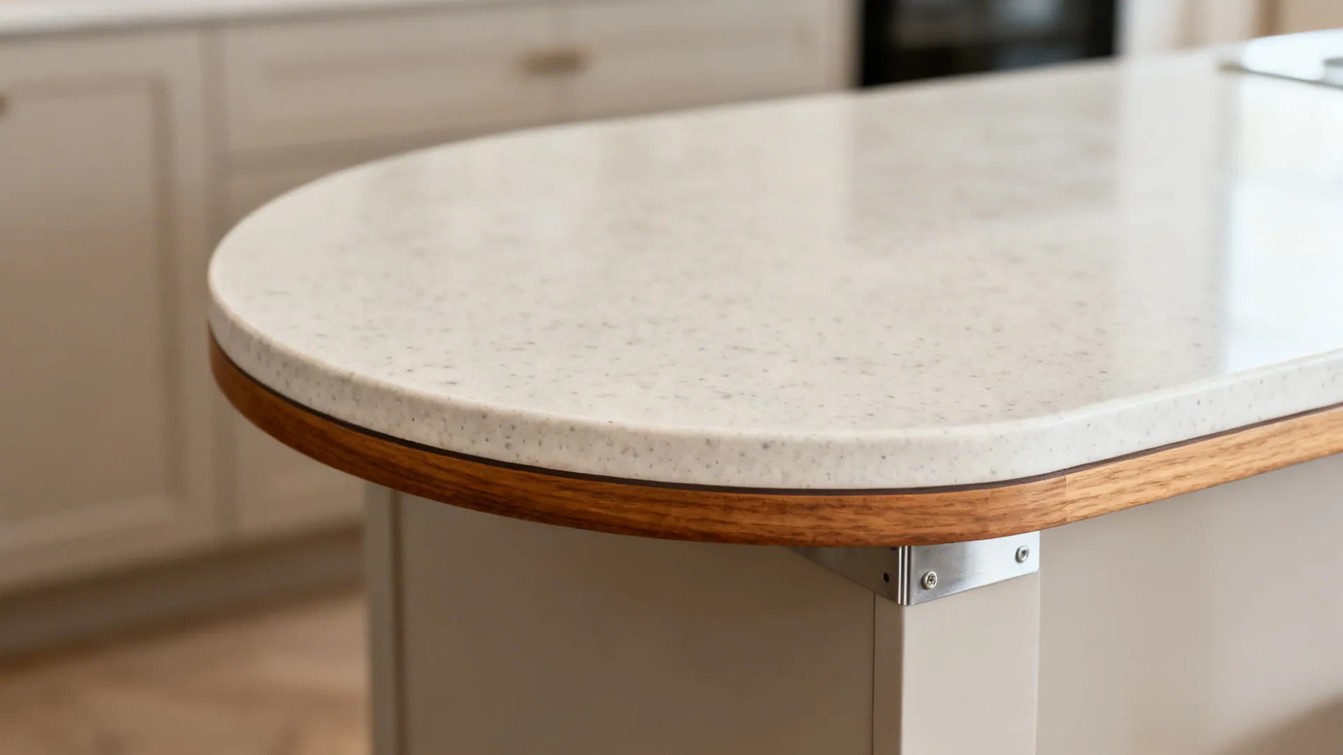 Macro detail of a quartz curved corner with oak edge and hidden support on a peninsula bar.