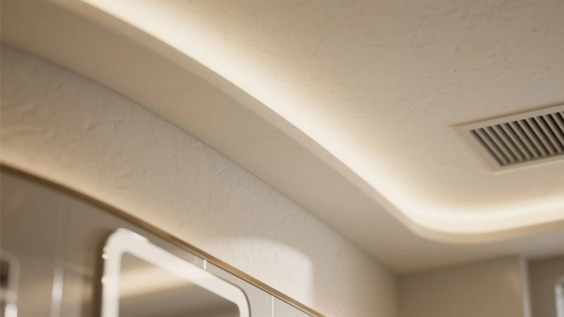 Close up of a white ceiling with curved hidden light strip and a small square vent