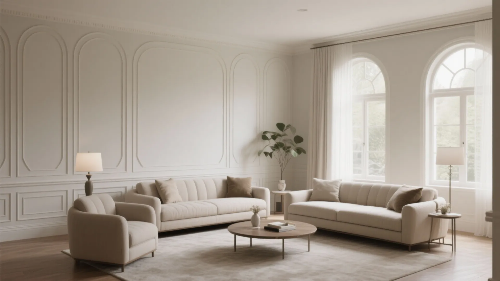 Neutral living room with curved edge transitional wainscoting