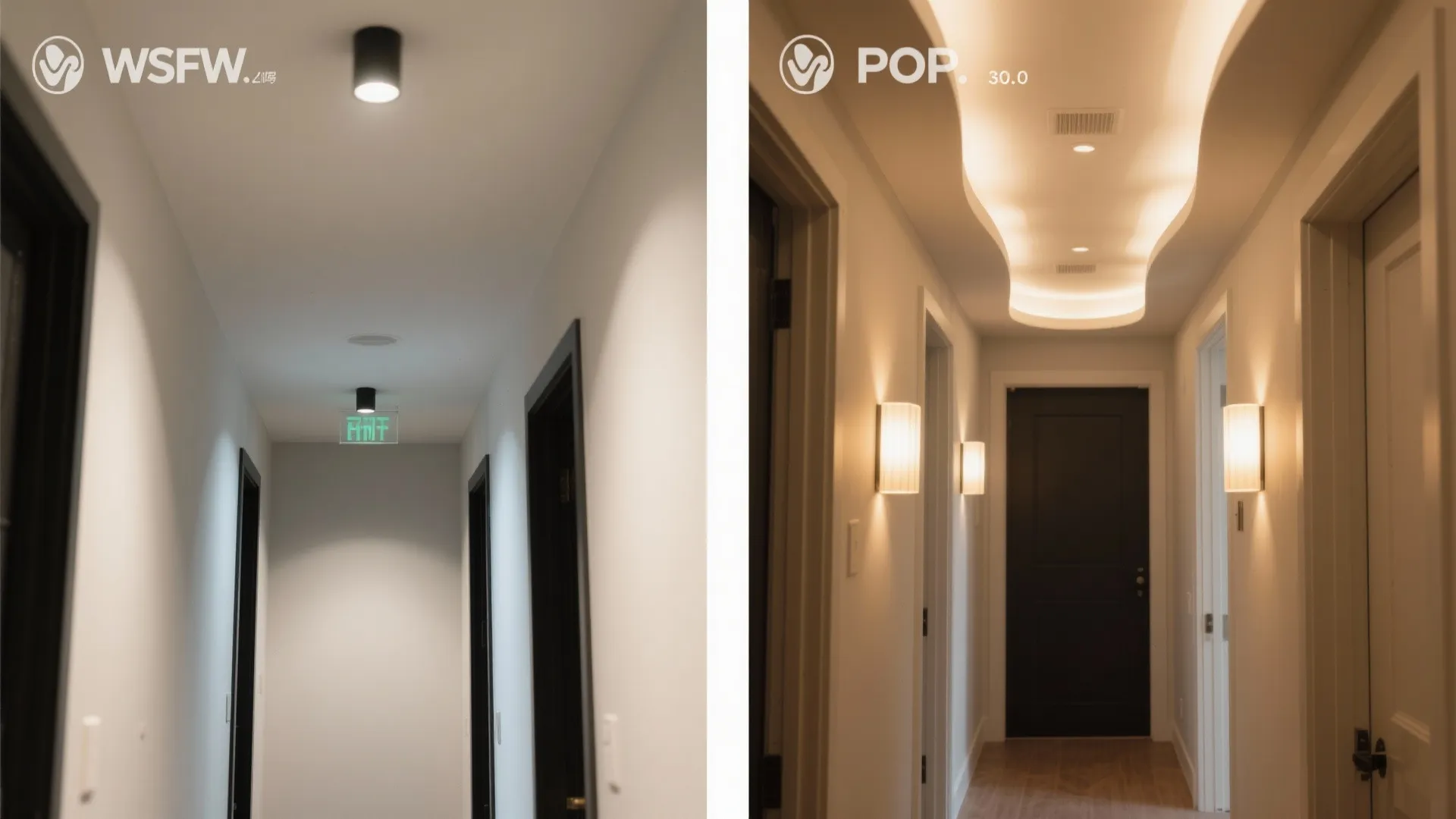 Before and after comparison of a simple hallway versus a stylish hallway with wall lights