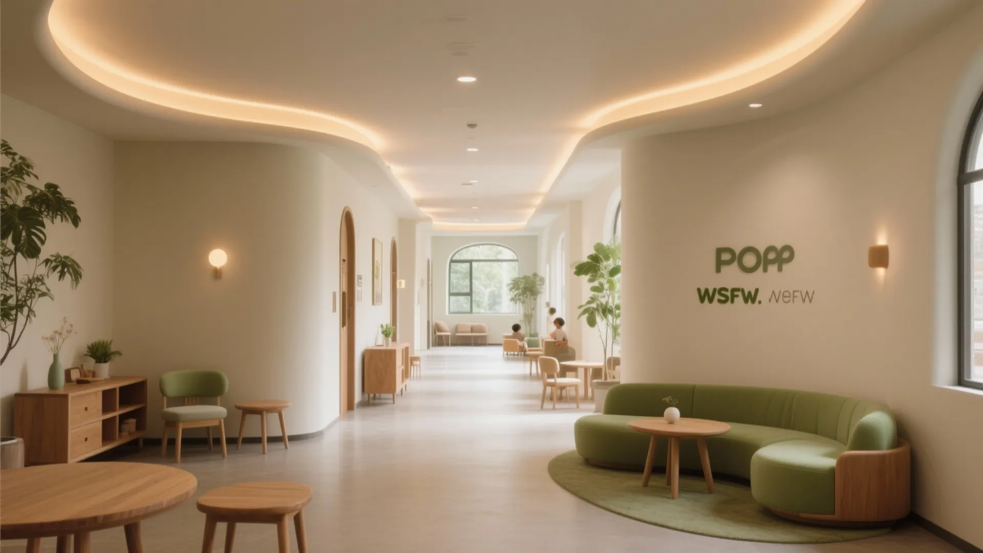 Long hallway with curved white walls green sofa wooden furniture warm ceiling lights and plants