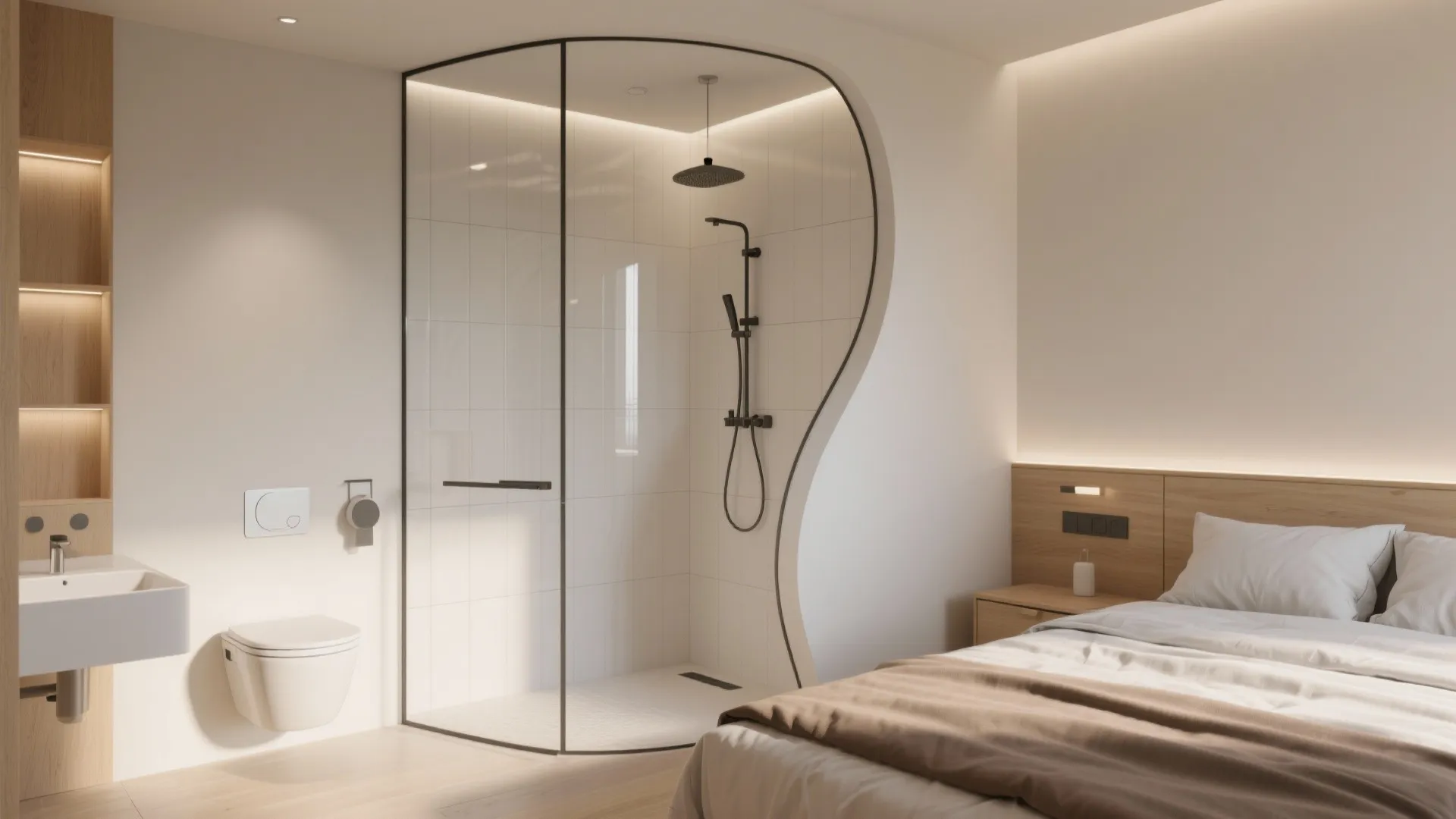 Corner shower-only ensuite with a soft curve