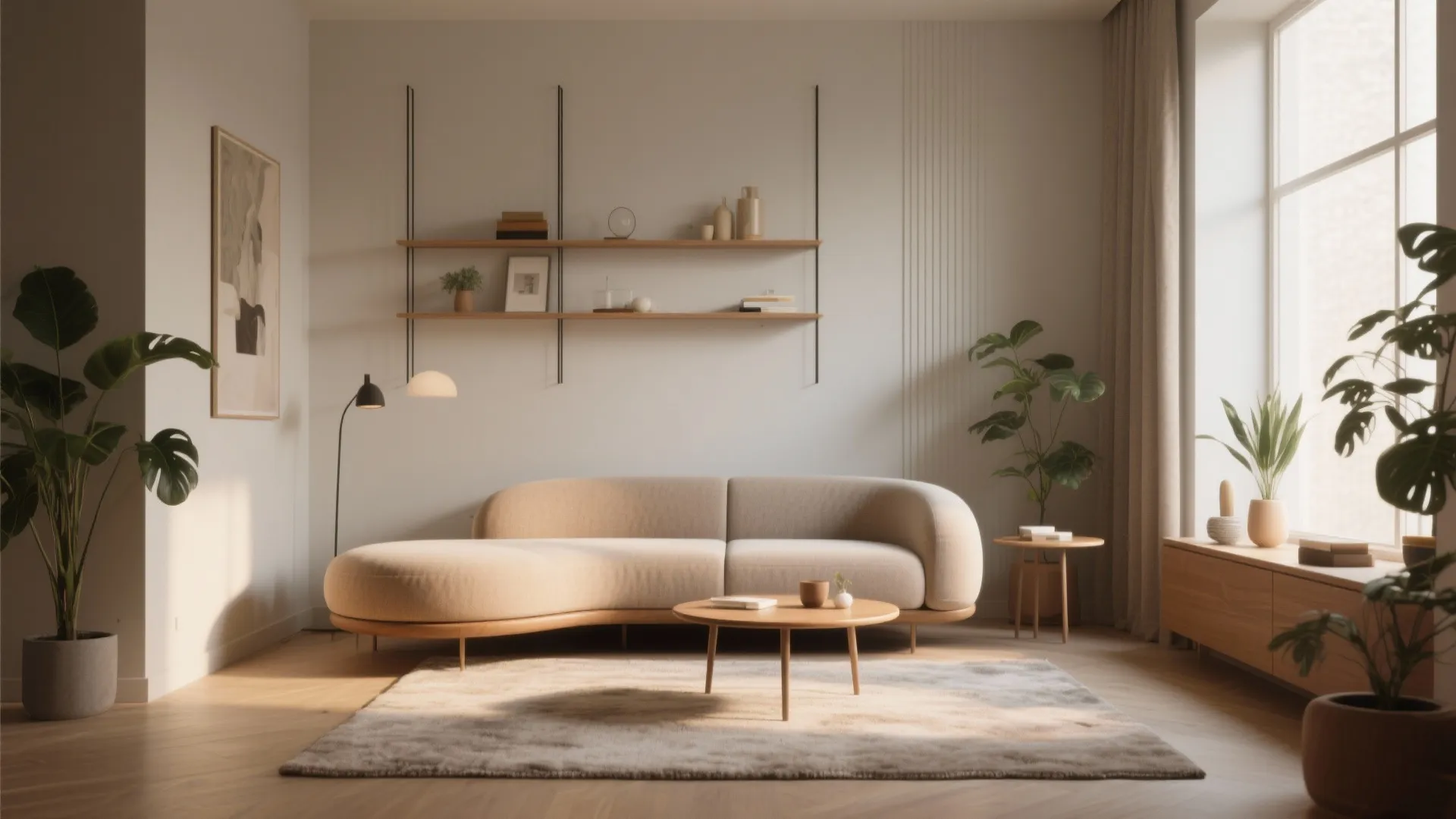 4. Consider curved or floating sofas to soften traffic