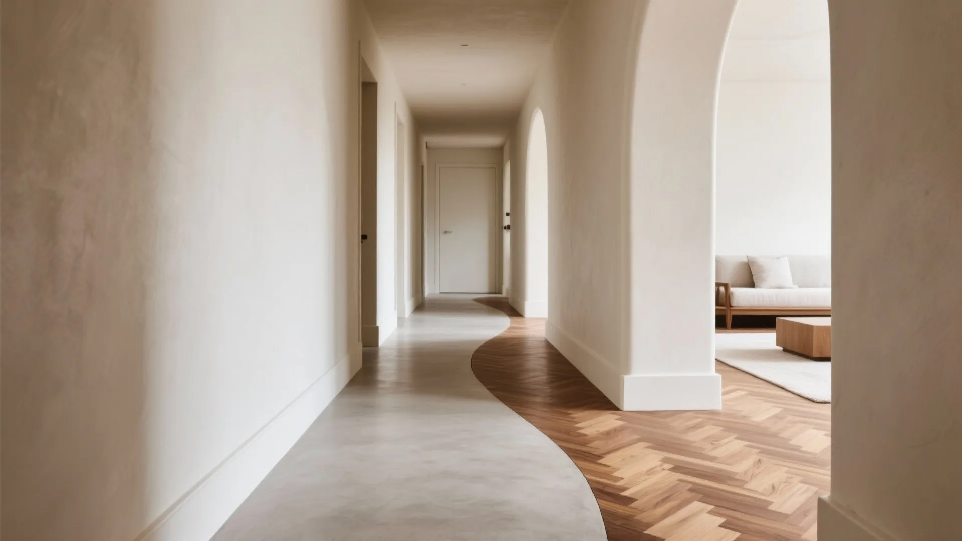 Hallway floor showing curved transition between smooth grey concrete and brown wood pattern flooring design