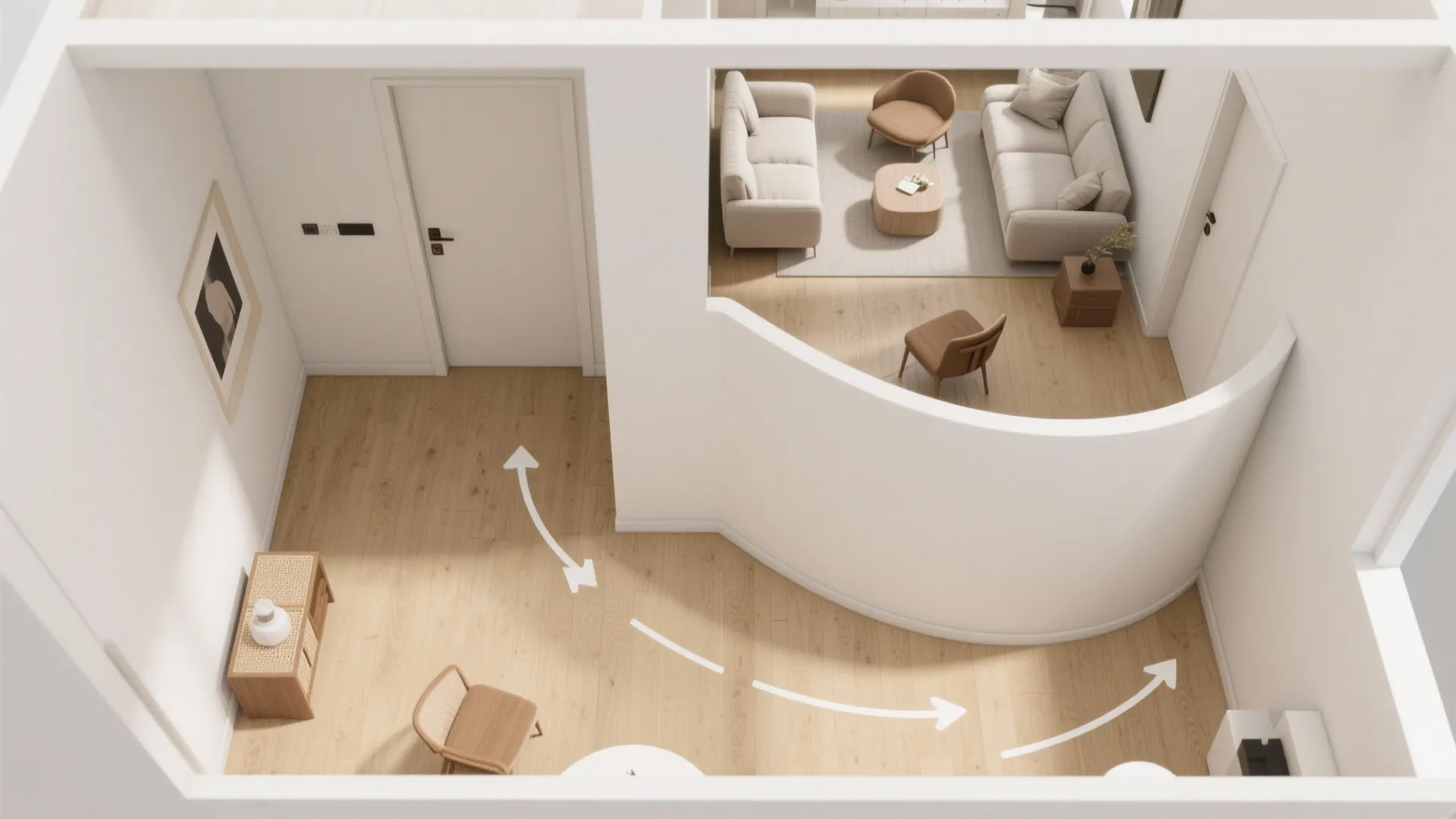 Curved partition walls for smooth circulation