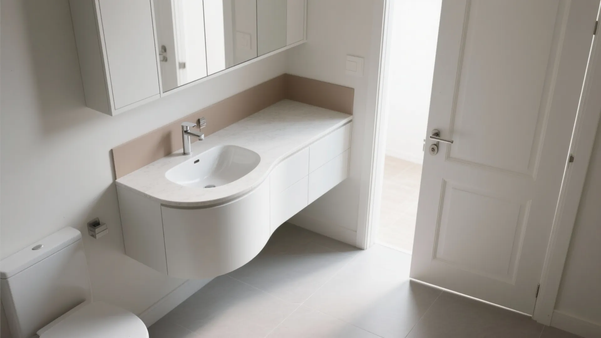 Curved Front Cabinet to Soften Tight Circulation