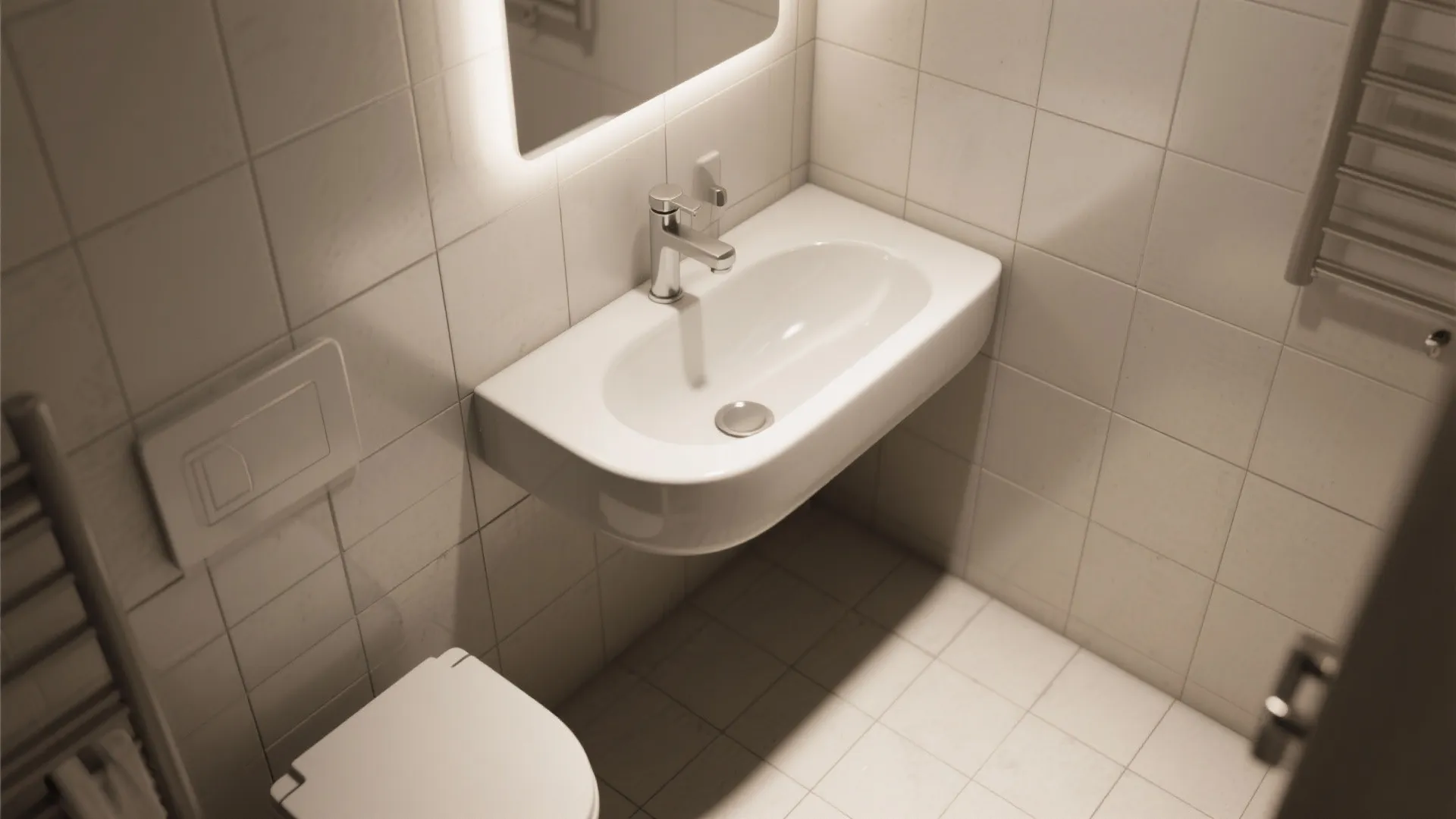 Small bathroom featuring white curved front sink glowing mirror wall tiles and white toilet unit