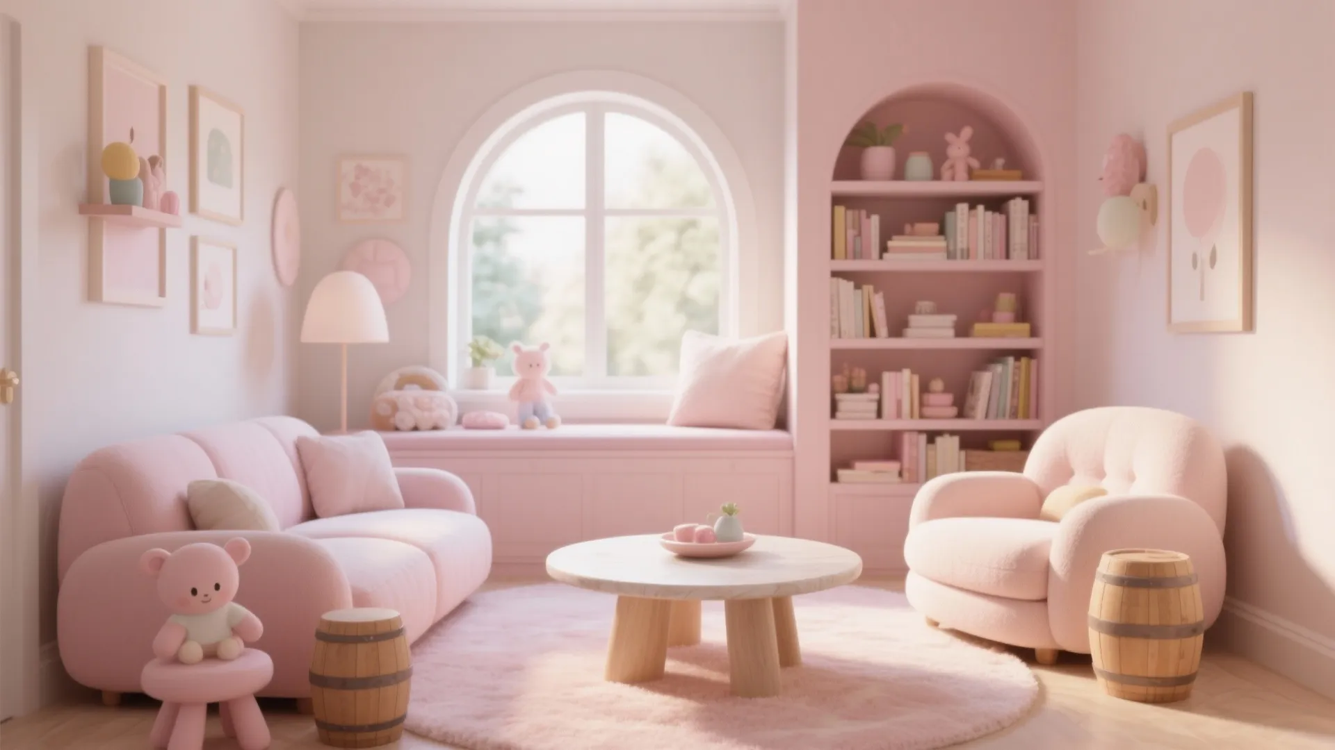 Pink themed kids room with curved sofa armchair round table bookshelf and cute teddy bear decorations