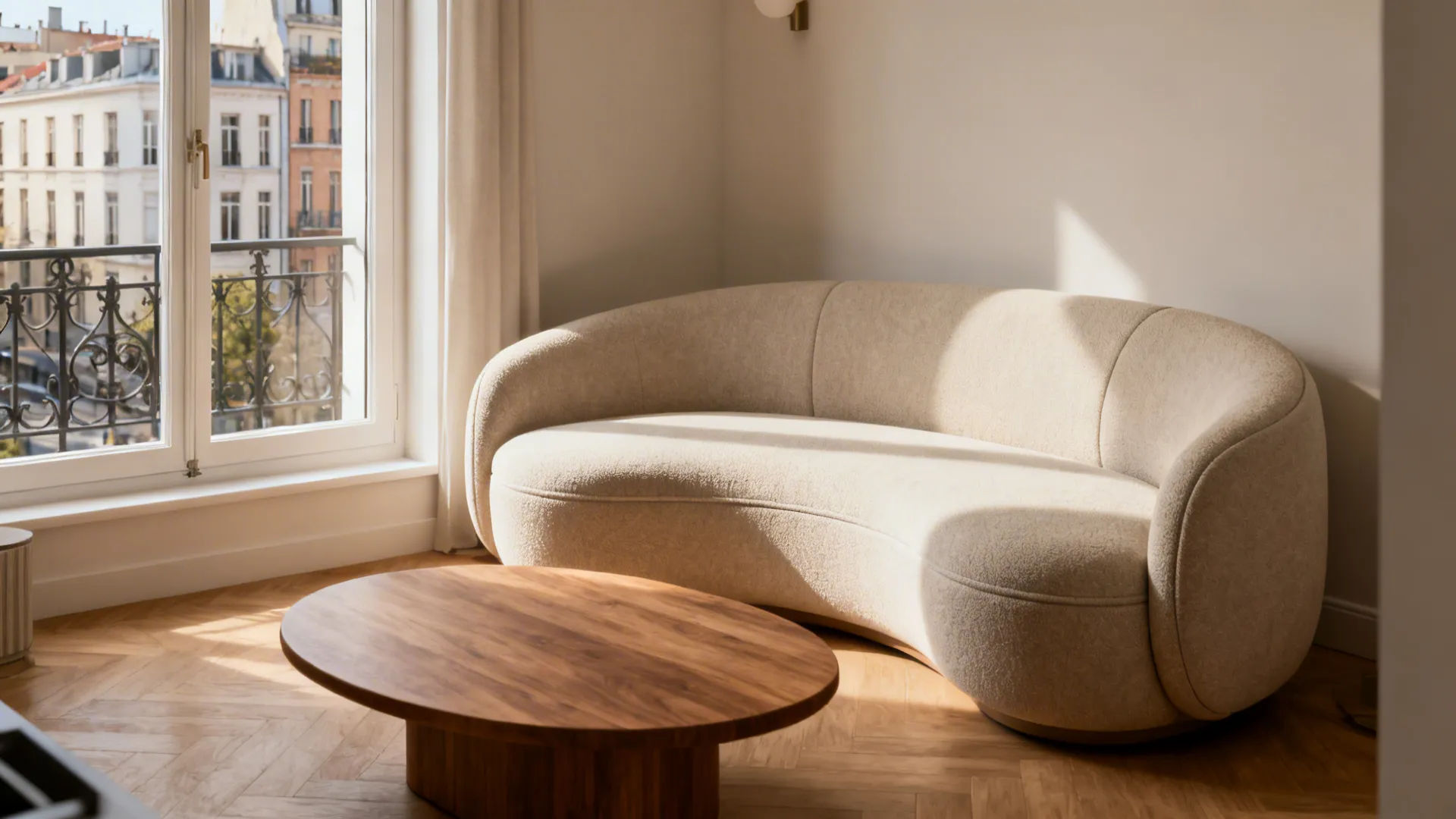 Compact living room with a curved sofa and rounded coffee table enhancing flow in a small apartment