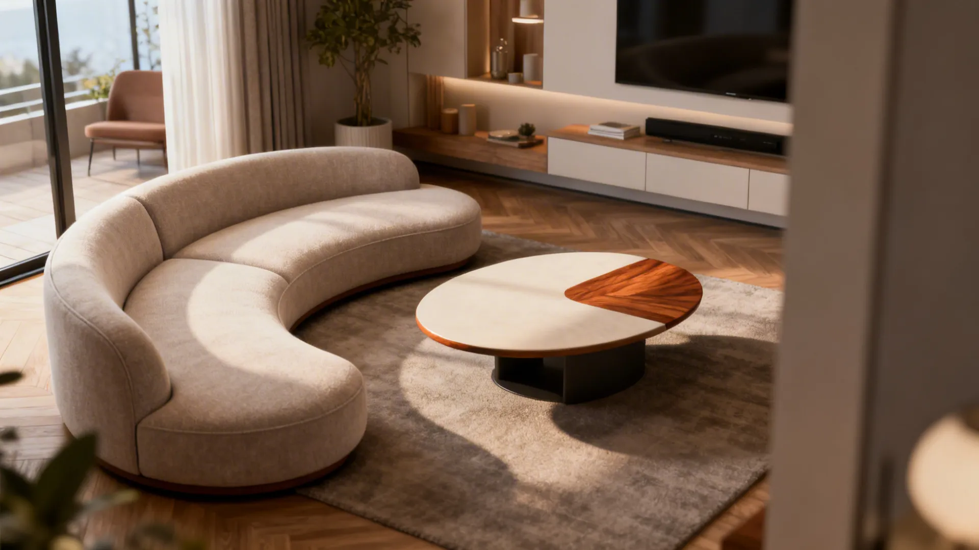 Crescent-shaped loveseat and rounded coffee table easing movement in a small living room