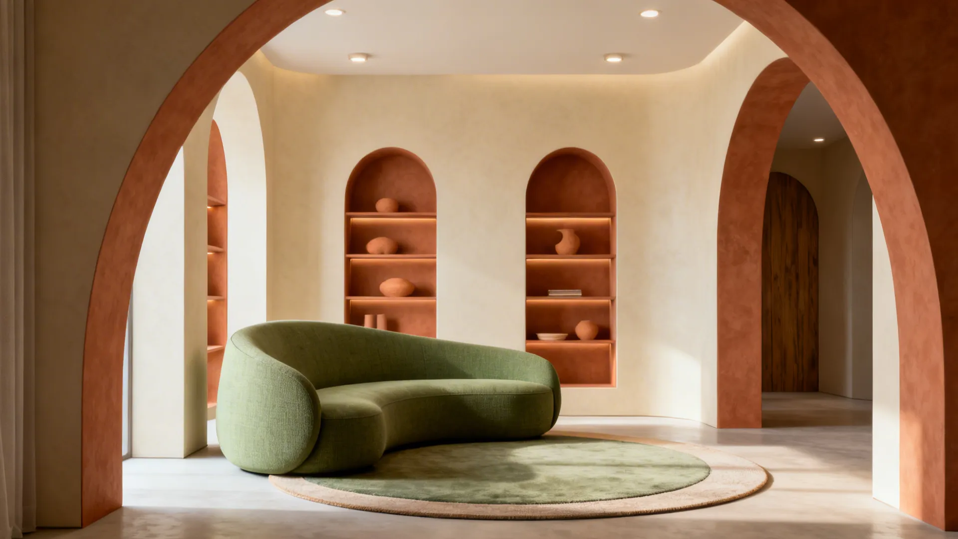 Curved loveseat and arched shelving in a modern small living room with terracotta accents.