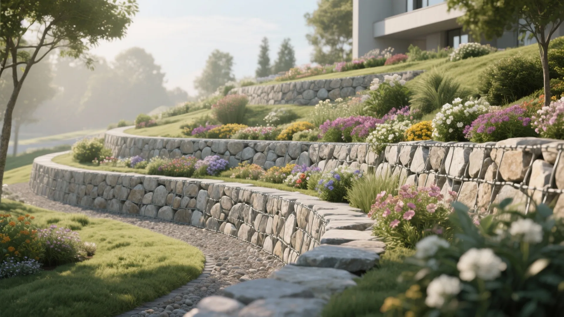 Terraced garden with curved stone retaining walls filled with grey rocks and colorful blooming flowers