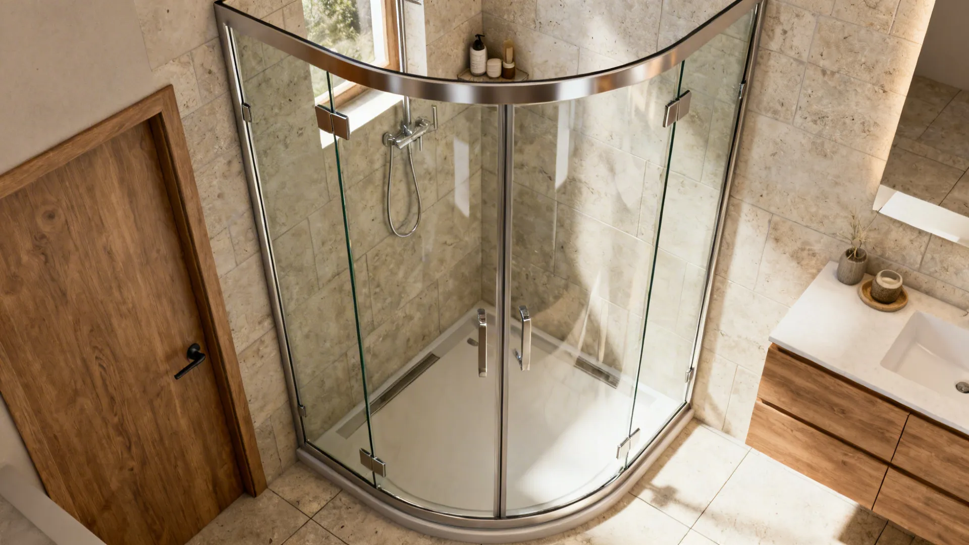 Small bathroom with a curved frameless glass corner shower and low-profile door next to a compact vanity.
