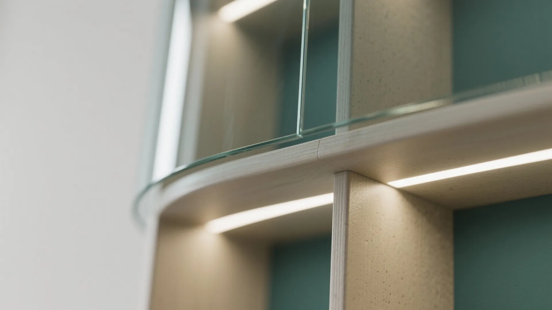 Close up of a curved glass shelf with built in light fixture on a green wall