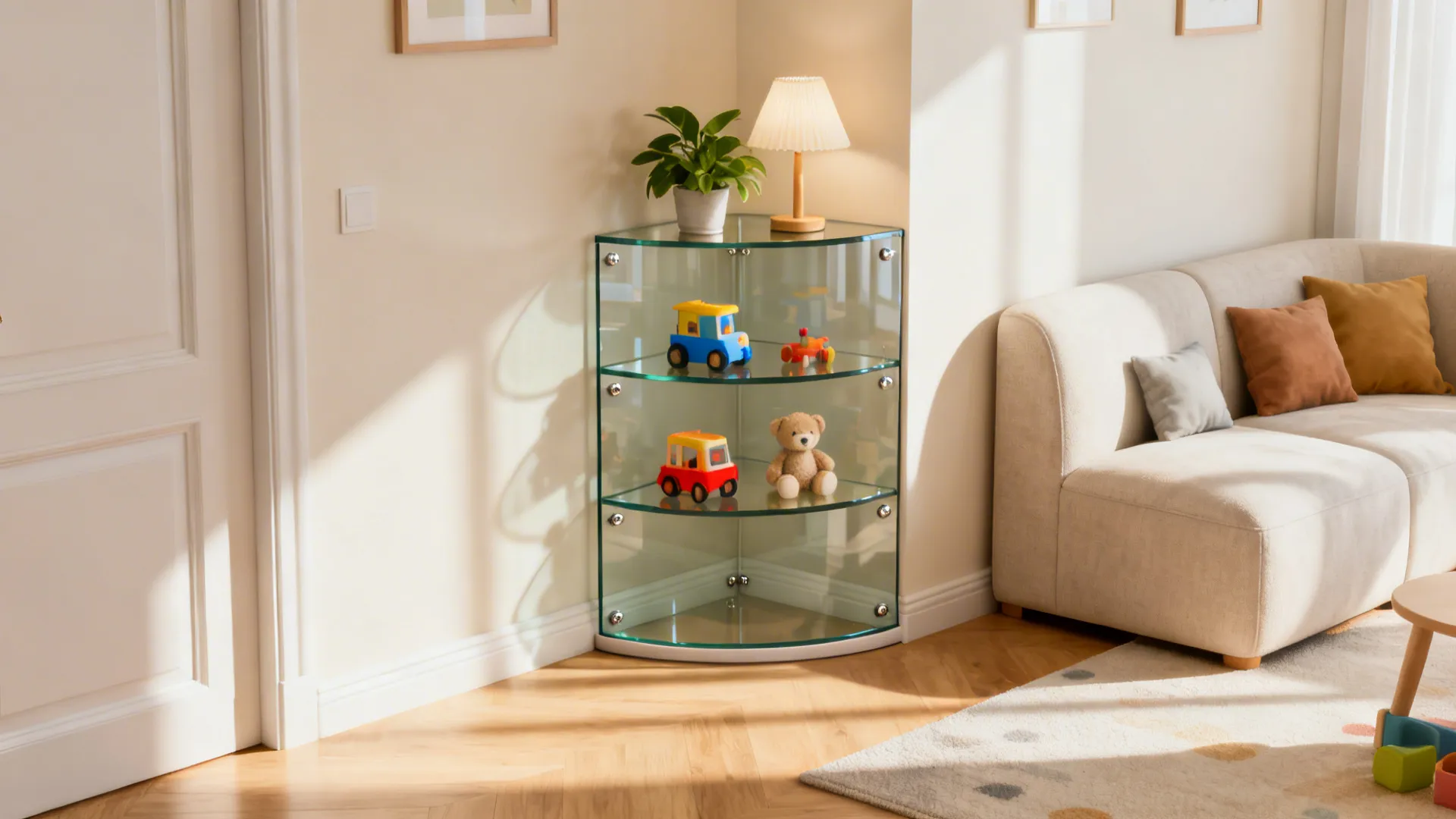 Curved tempered glass corner shelf with rounded edges in a family living room, holding plants and small items.