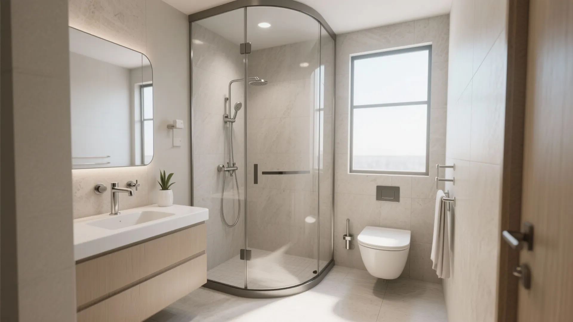 Small bathroom layout with curved glass shower corner window wood cabinet white toilet and tiled walls