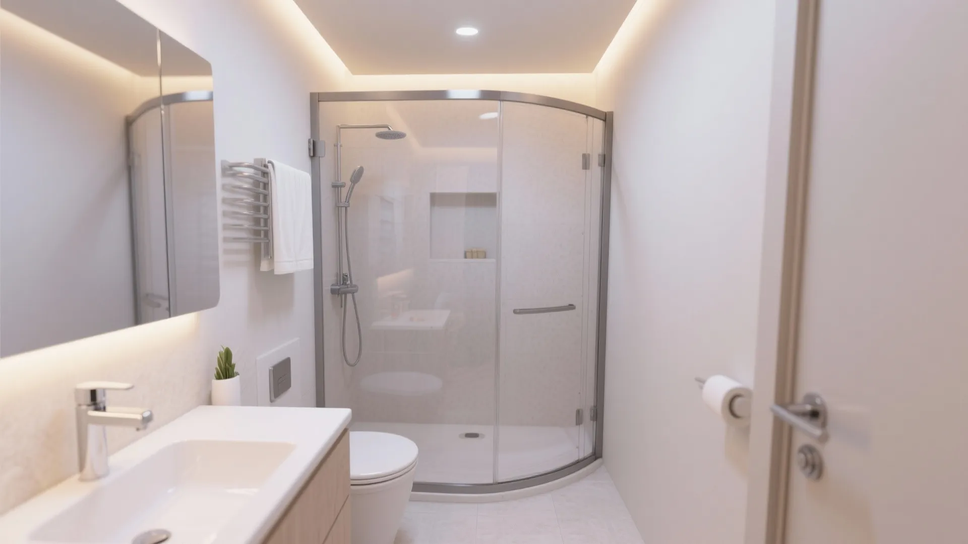 Curved glass shower enclosure in small bathroom