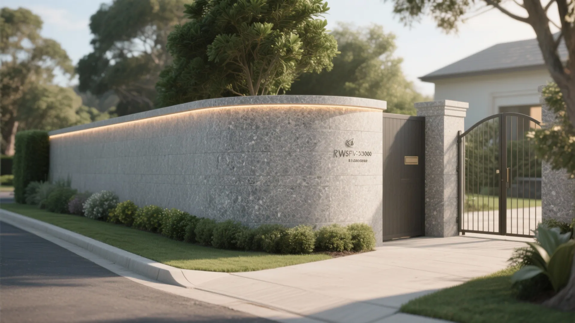Curved grey stone wall with top lighting beside a black metal gate and small green bushes