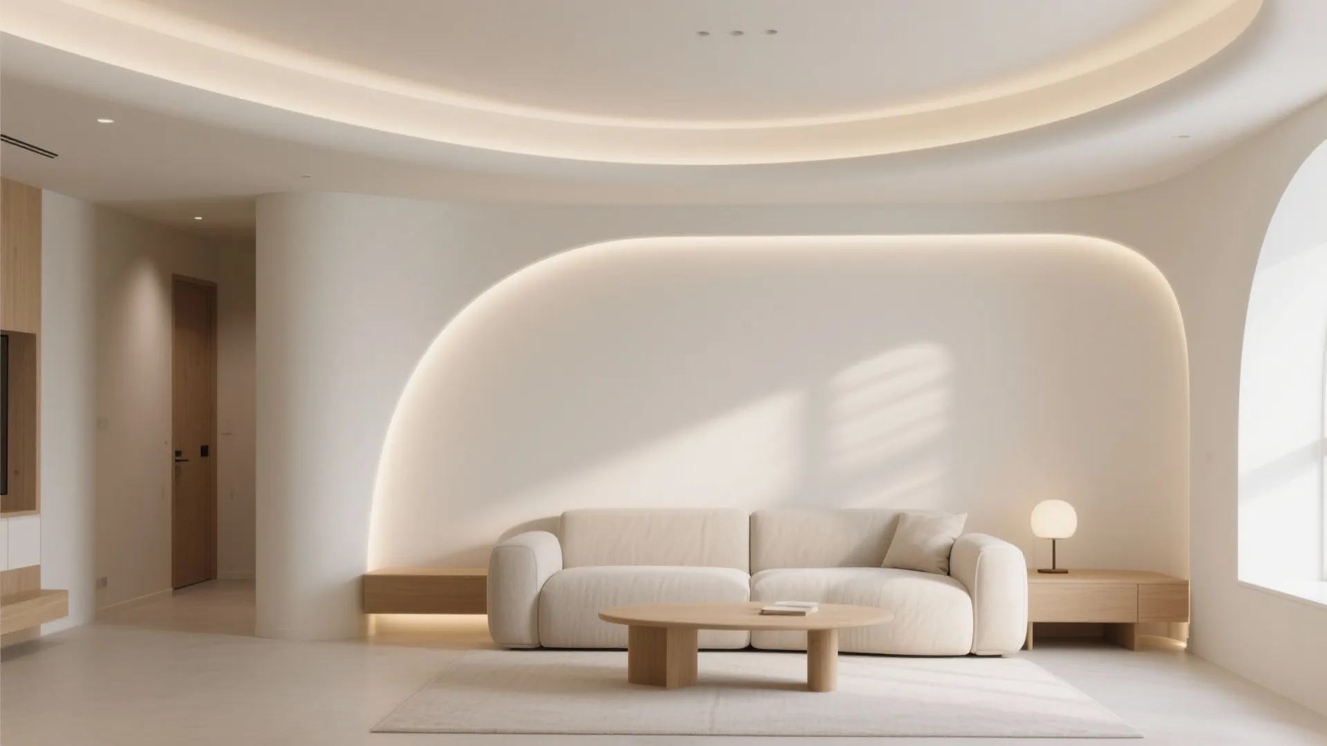 Minimalist living room with white curved wall panel design beige sofa and round wooden table