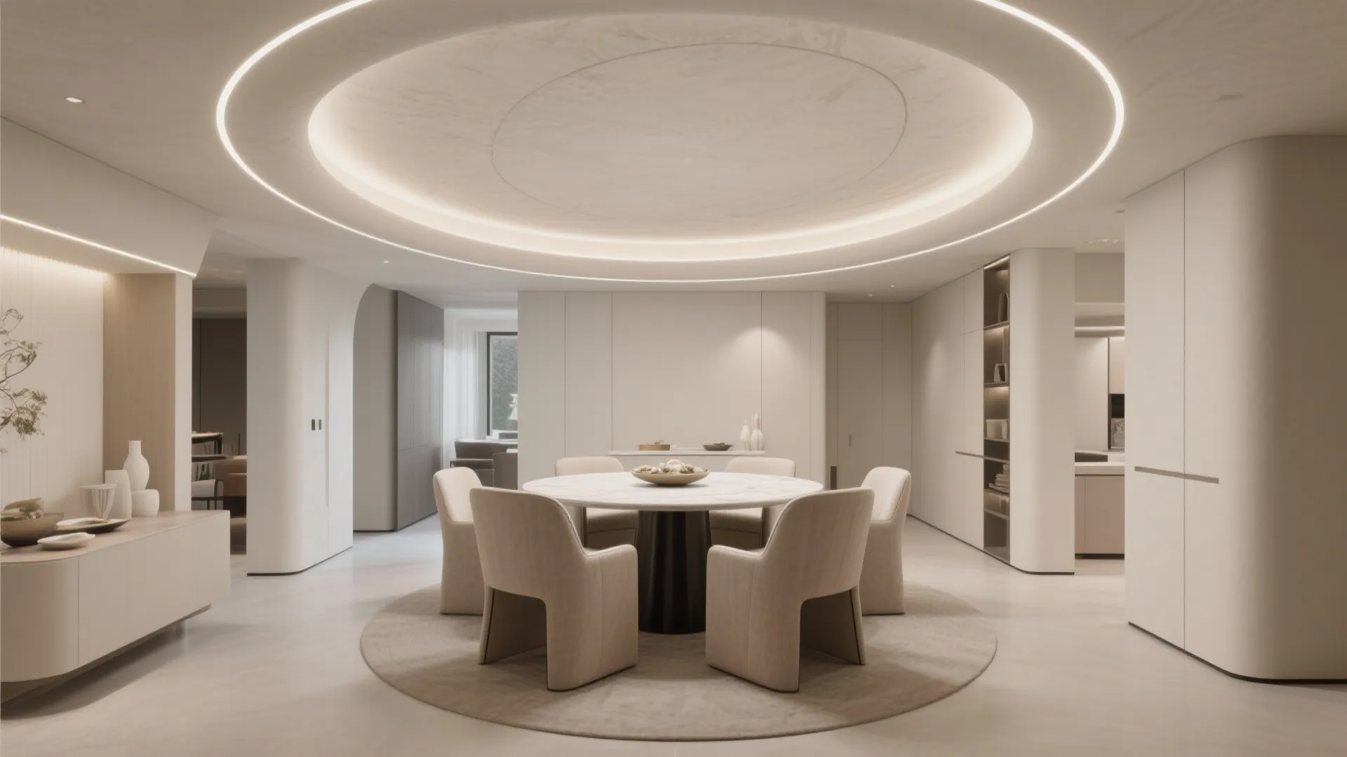 Minimalist white dining room with round table and chairs featuring a large circular ceiling light