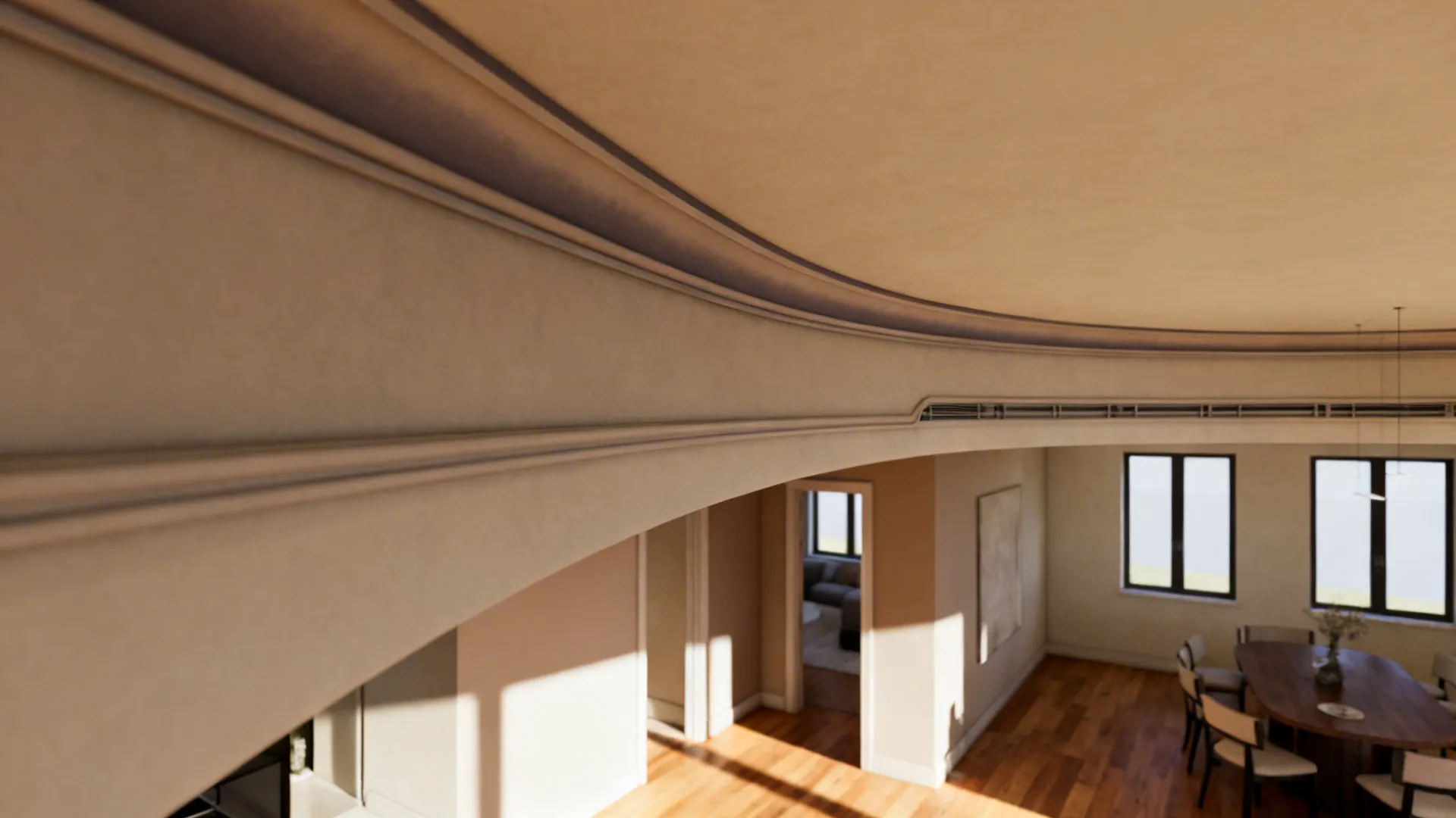 Gentle curved gypsum cove above a walkway creating soft flow between living and dining areas.