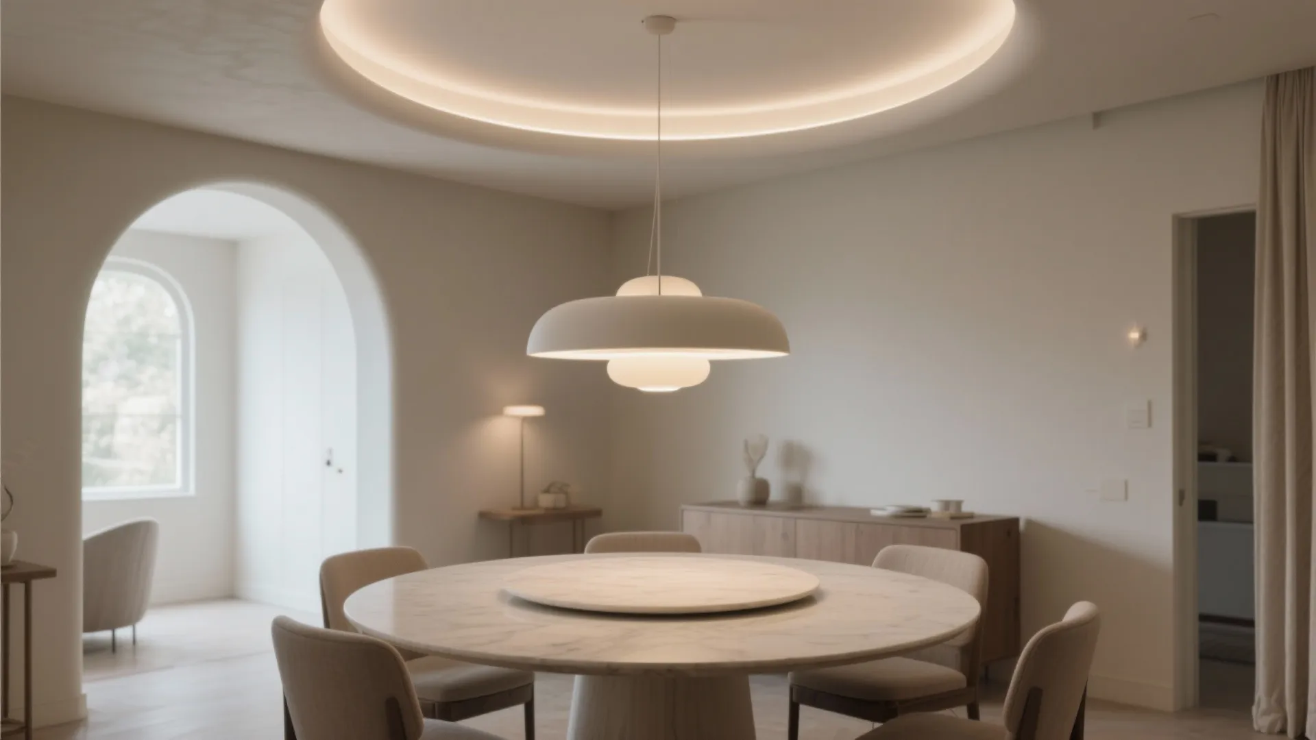 Round dining table under a curved gypsum halo with inset LED and a central pendant in soft daylight.