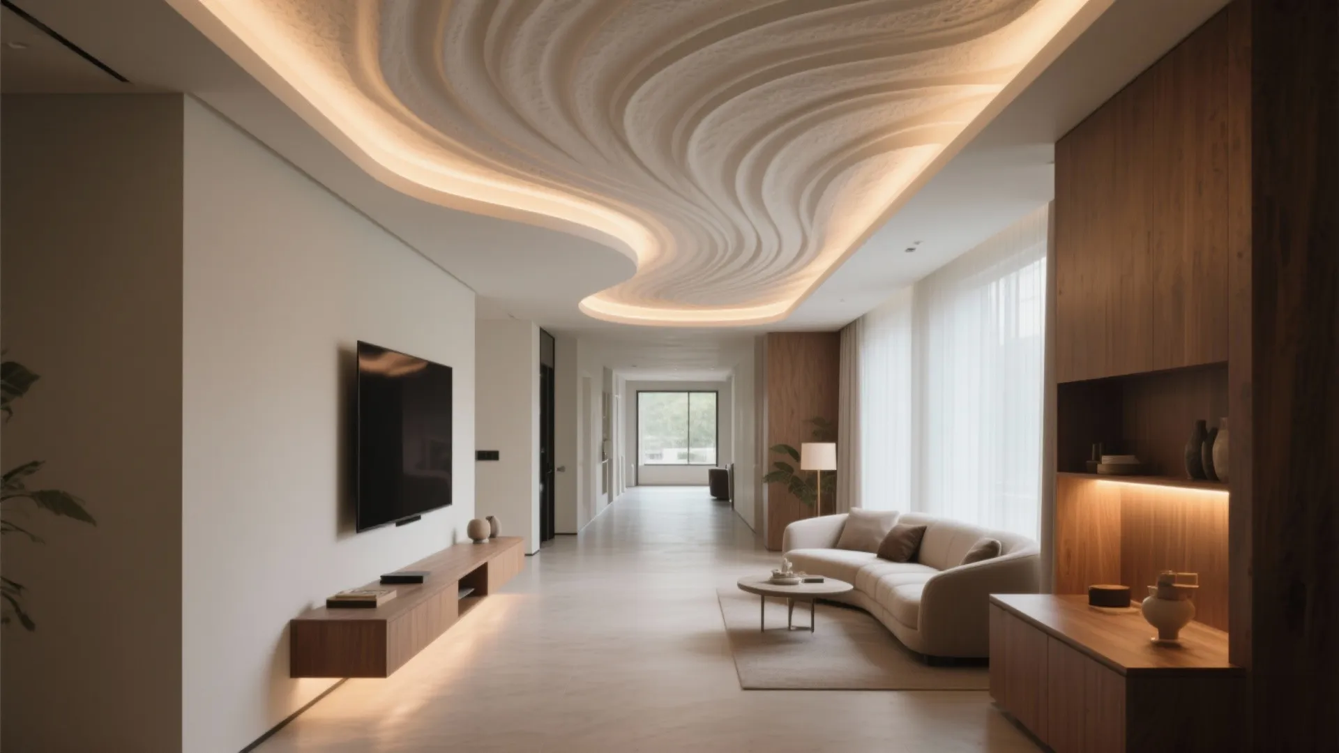 Hall with a low-profile curved gypsum wave ceiling and warm perimeter halo lighting leading toward the TV wall.