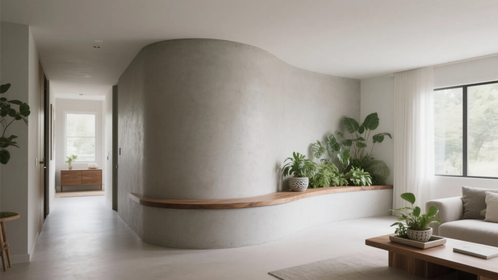Modern living room featuring curved grey concrete wall with wooden shelf and indoor green plants