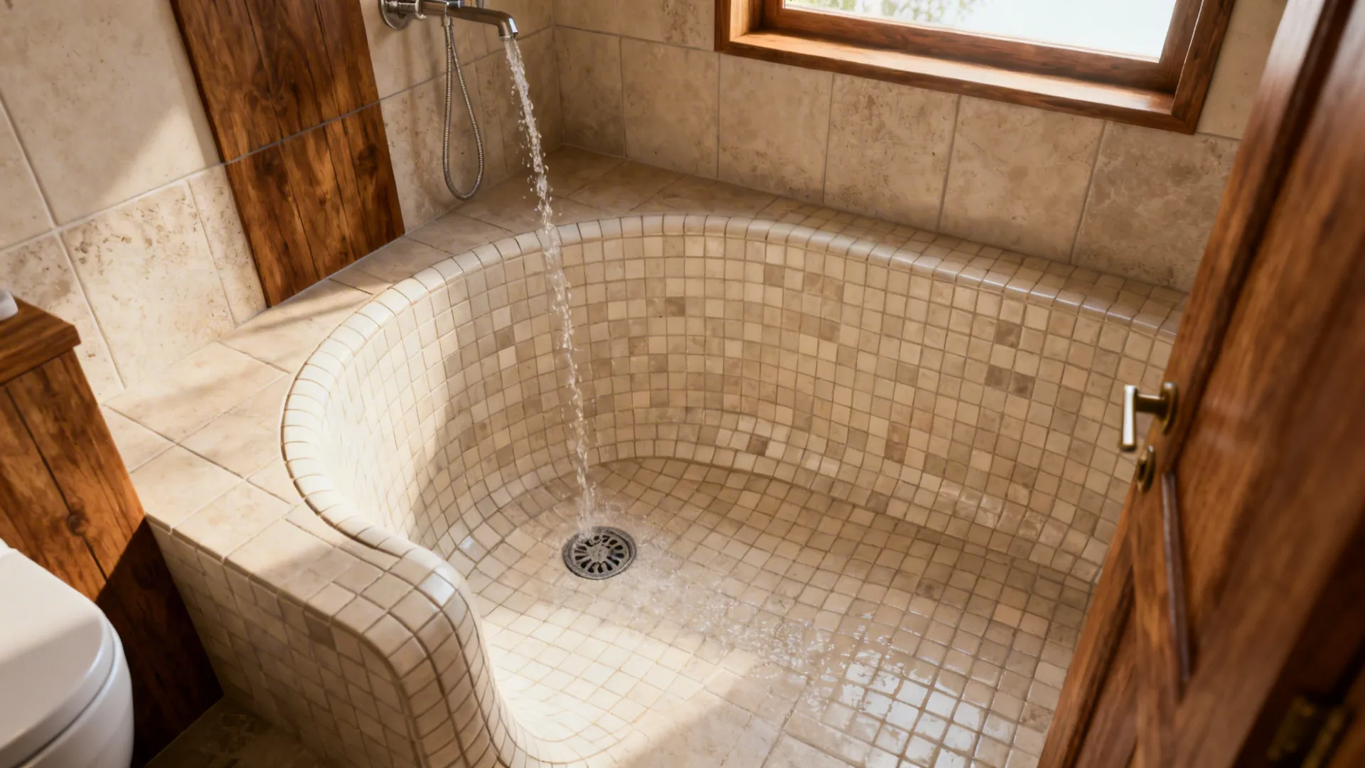 Small bathroom with a curved tiled half wall directing water toward the drain.