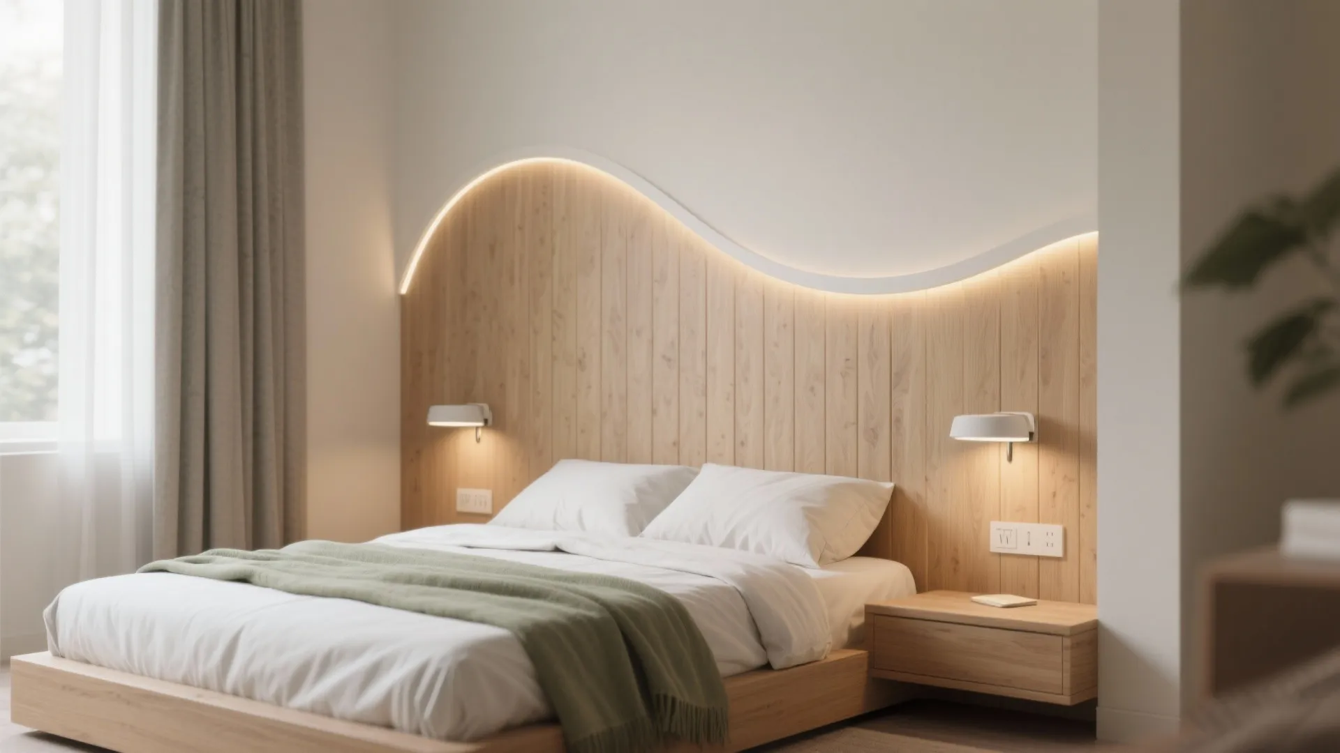 Cozy bedroom with curved wood wall panel light fixture white bed and green blanket design