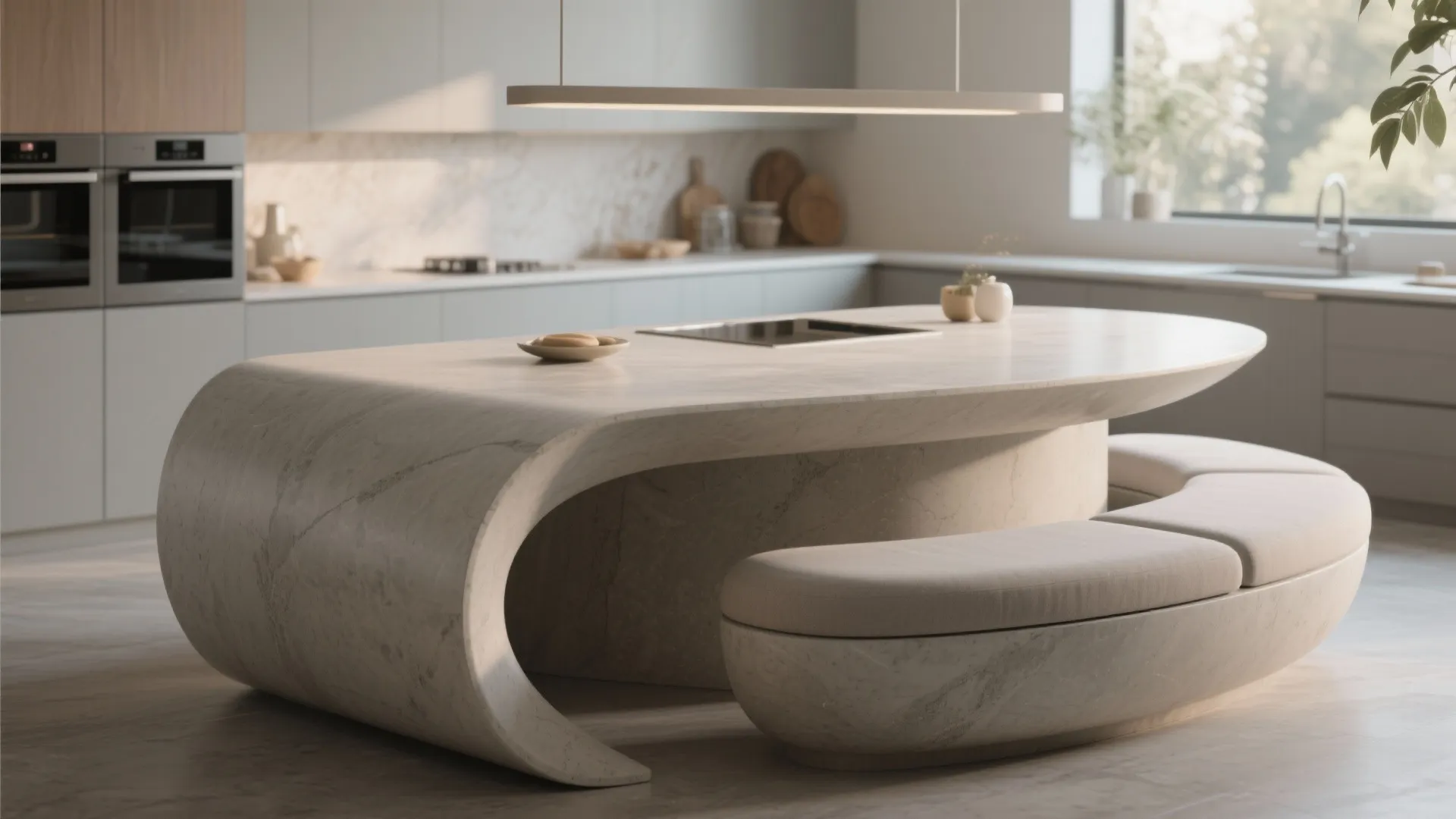 Unique curved marble kitchen island with matching stone seating and minimalist modern light fixture above