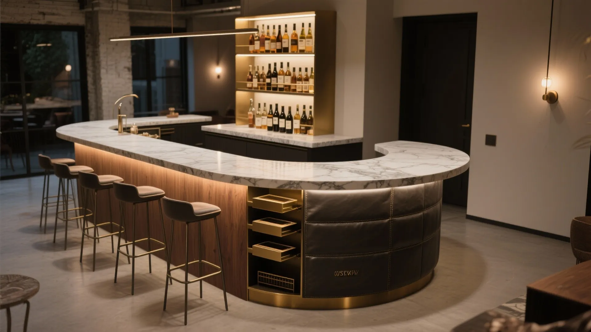 Modern curved marble kitchen island with high bar stools and elegant warm gold light fixture