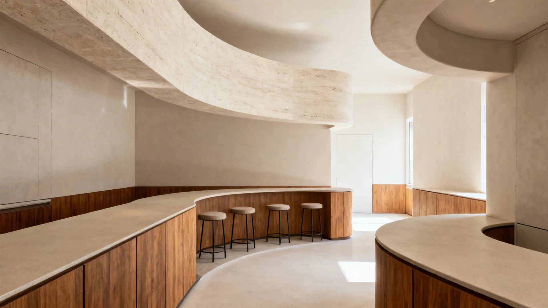 Kitchen island with a curved stone overhang creating a comfortable seating bay in a small open plan.