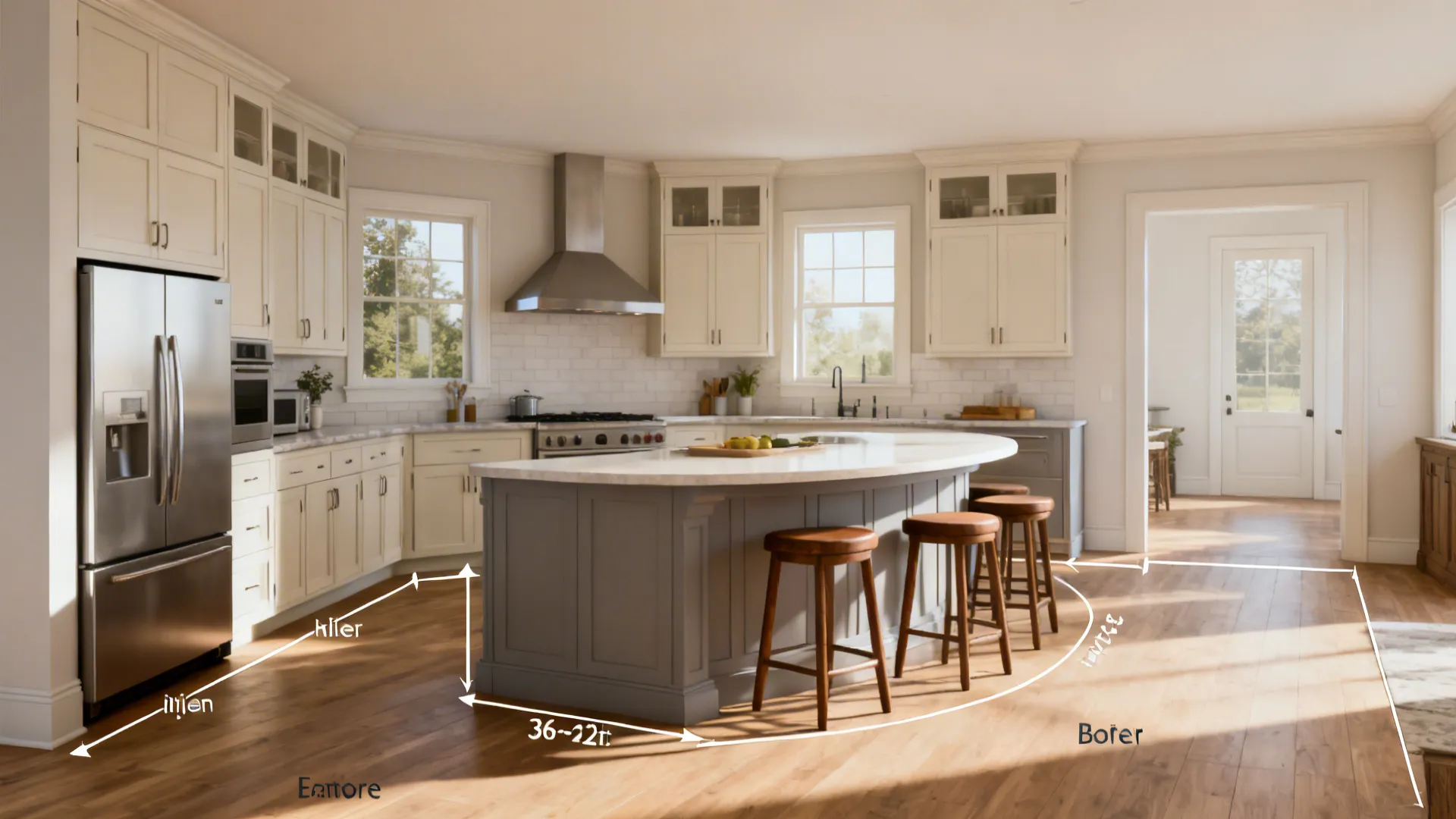 Modern white kitchen with large grey curved island wood floor white cabinets and natural light