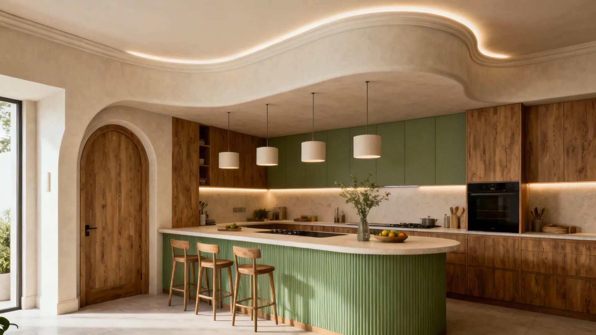 Kitchen island with a curved gypsum canopy and soft uplighting that echoes an arched doorway.