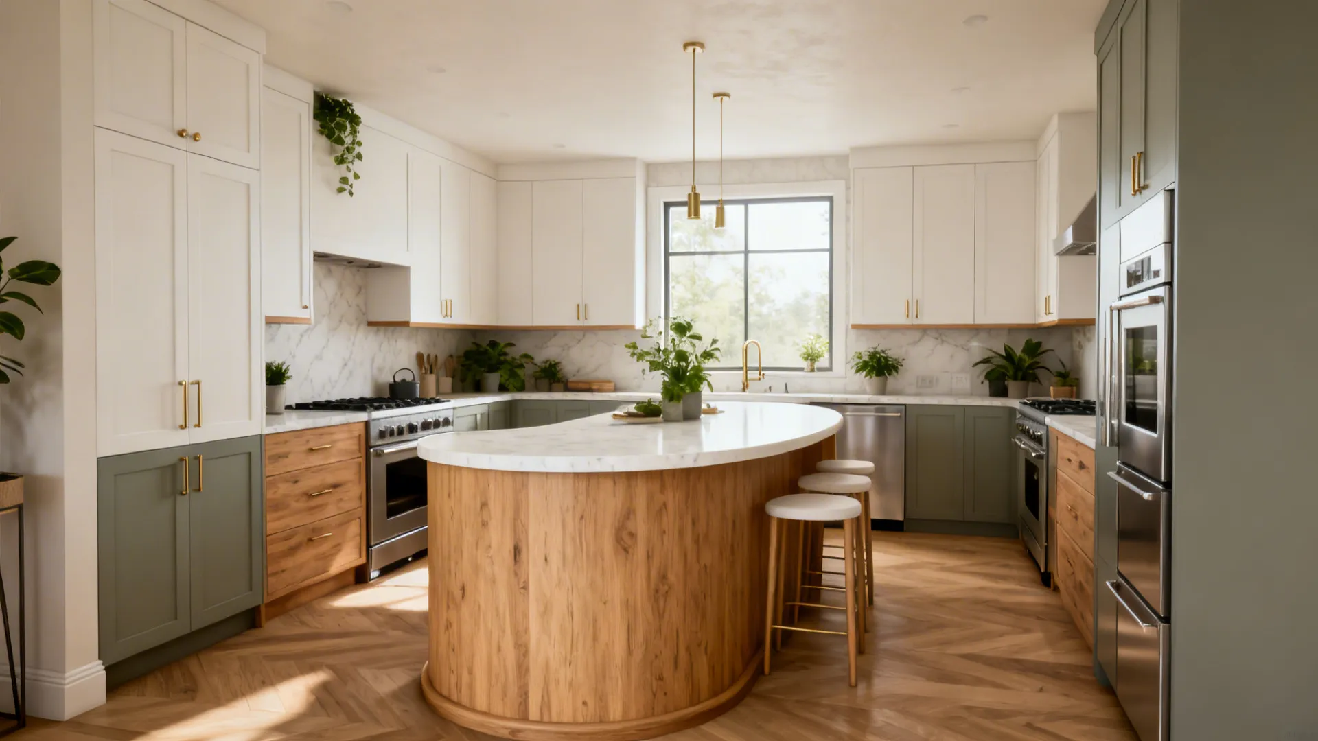 Modern kitchen with curved wooden island, white cabinets, green cupboards, and two gold ceiling lights