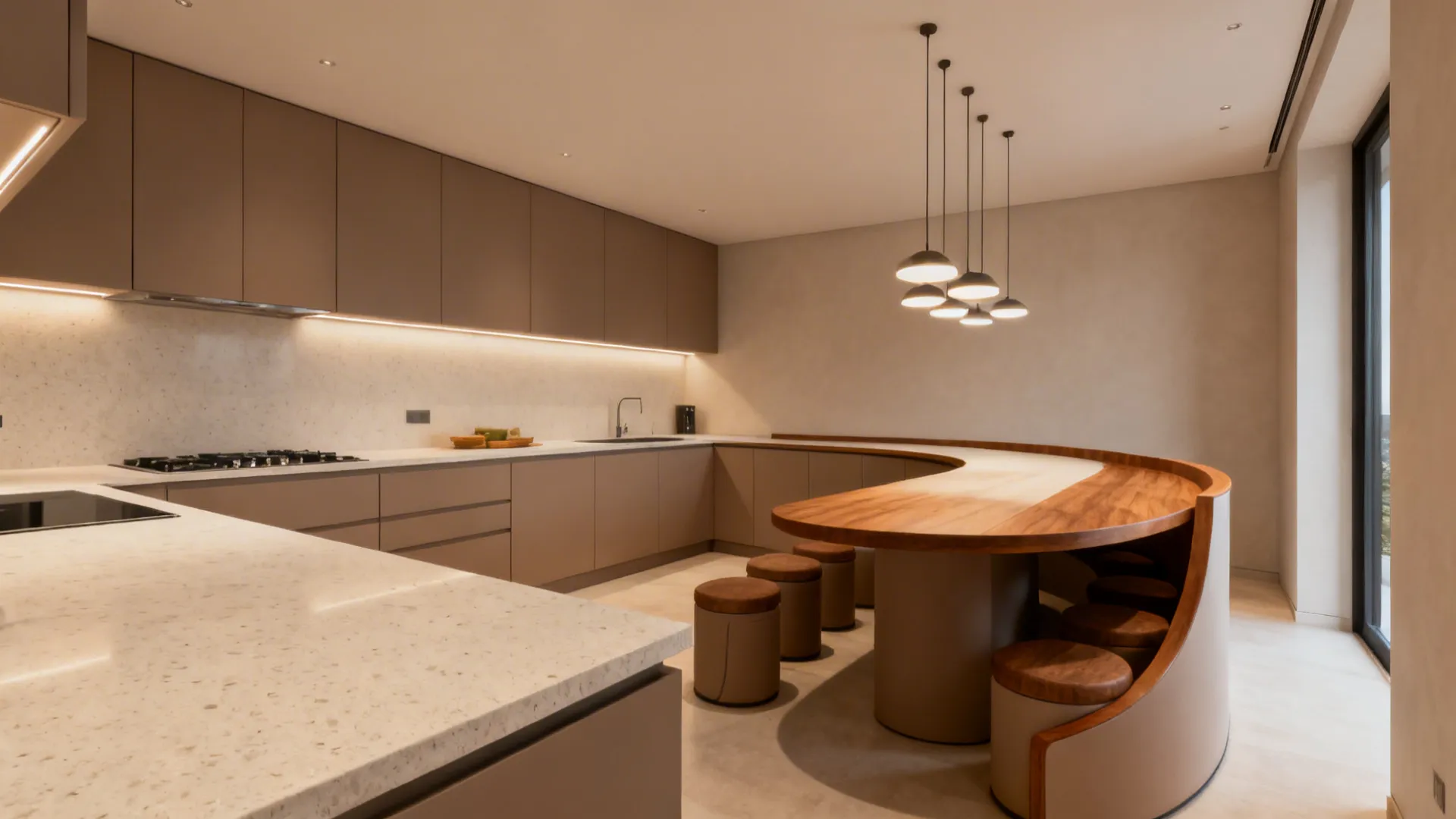 Curved island-table with nested stools and pendants, guiding smooth circulation.