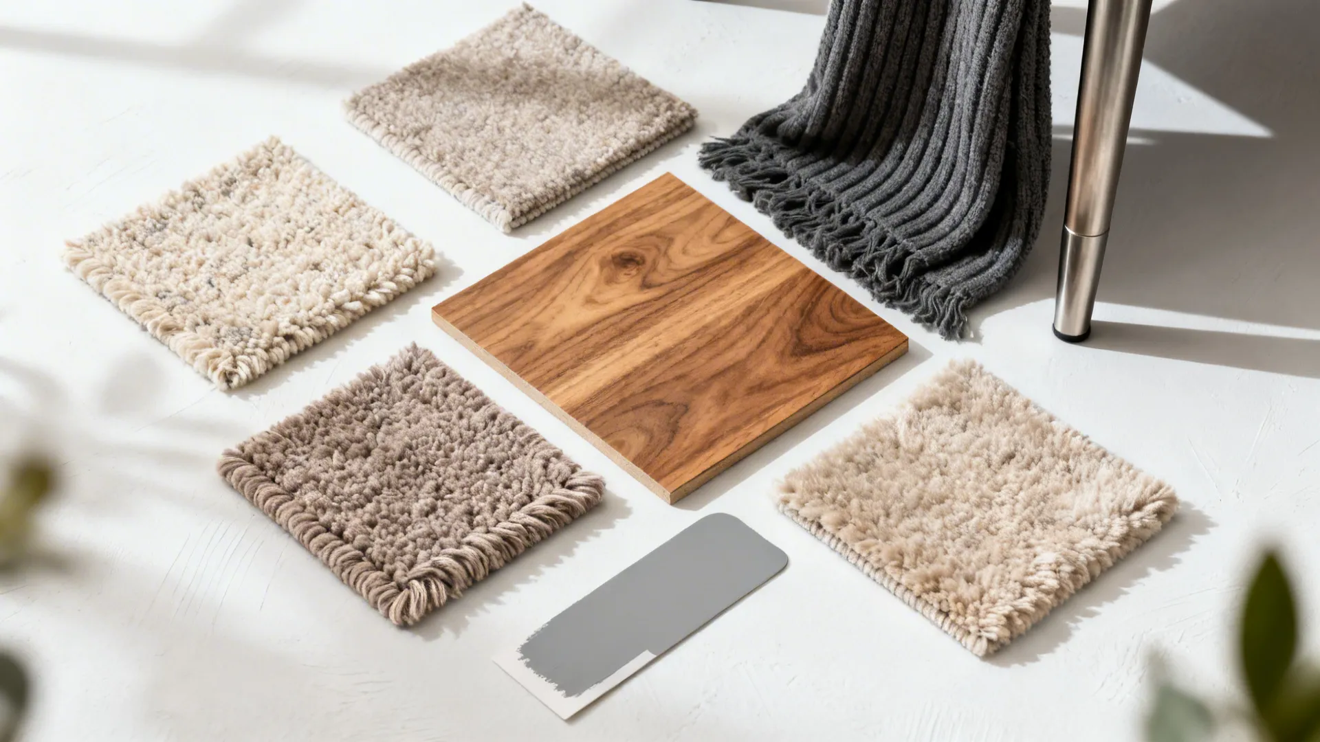Flat lay of bouclé and chenille swatches with oak and metal finishes in warm neutral tones.