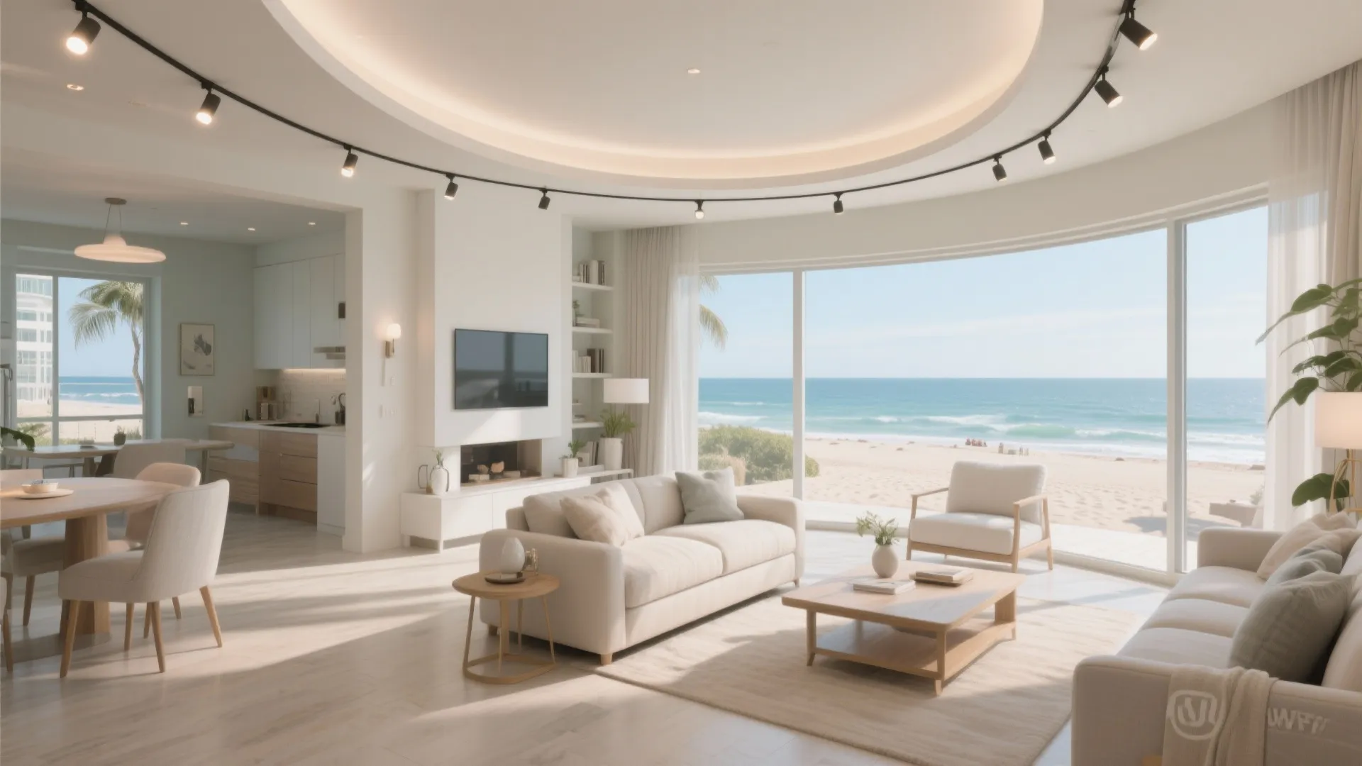 Curved ceiling track lighting in a coastal-style living room