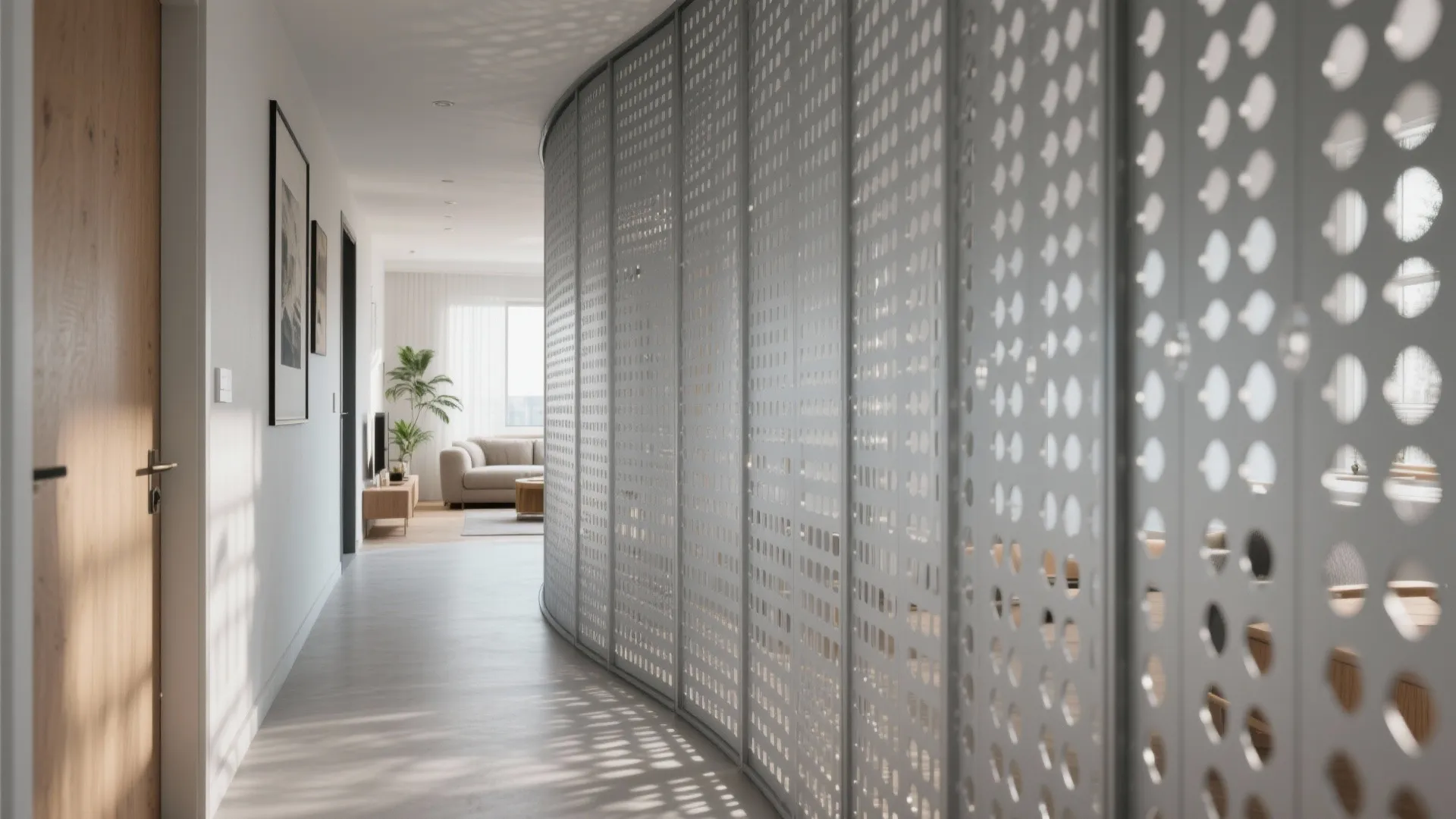 Modern hallway with a curved white metal screen wall leading to a bright living room