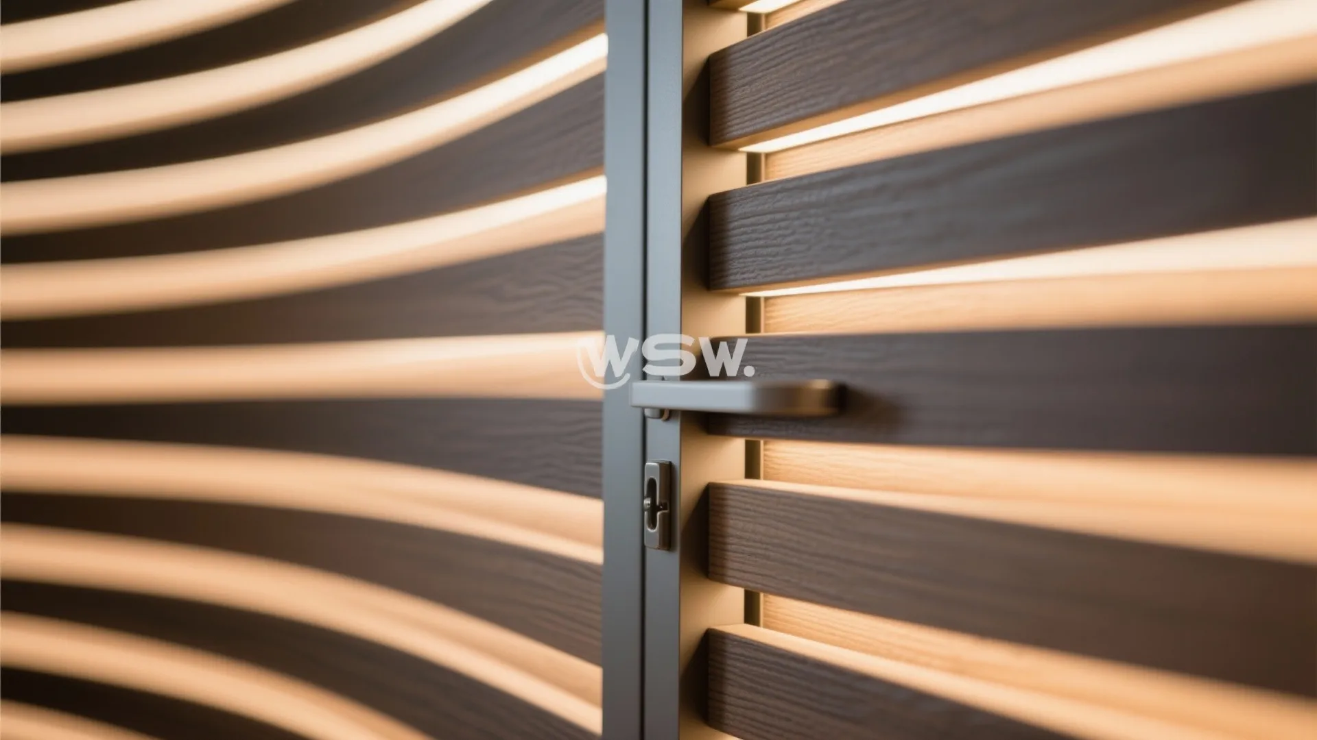 Curved wooden wall panels with glowing light strips and a modern grey metal door handle setup
