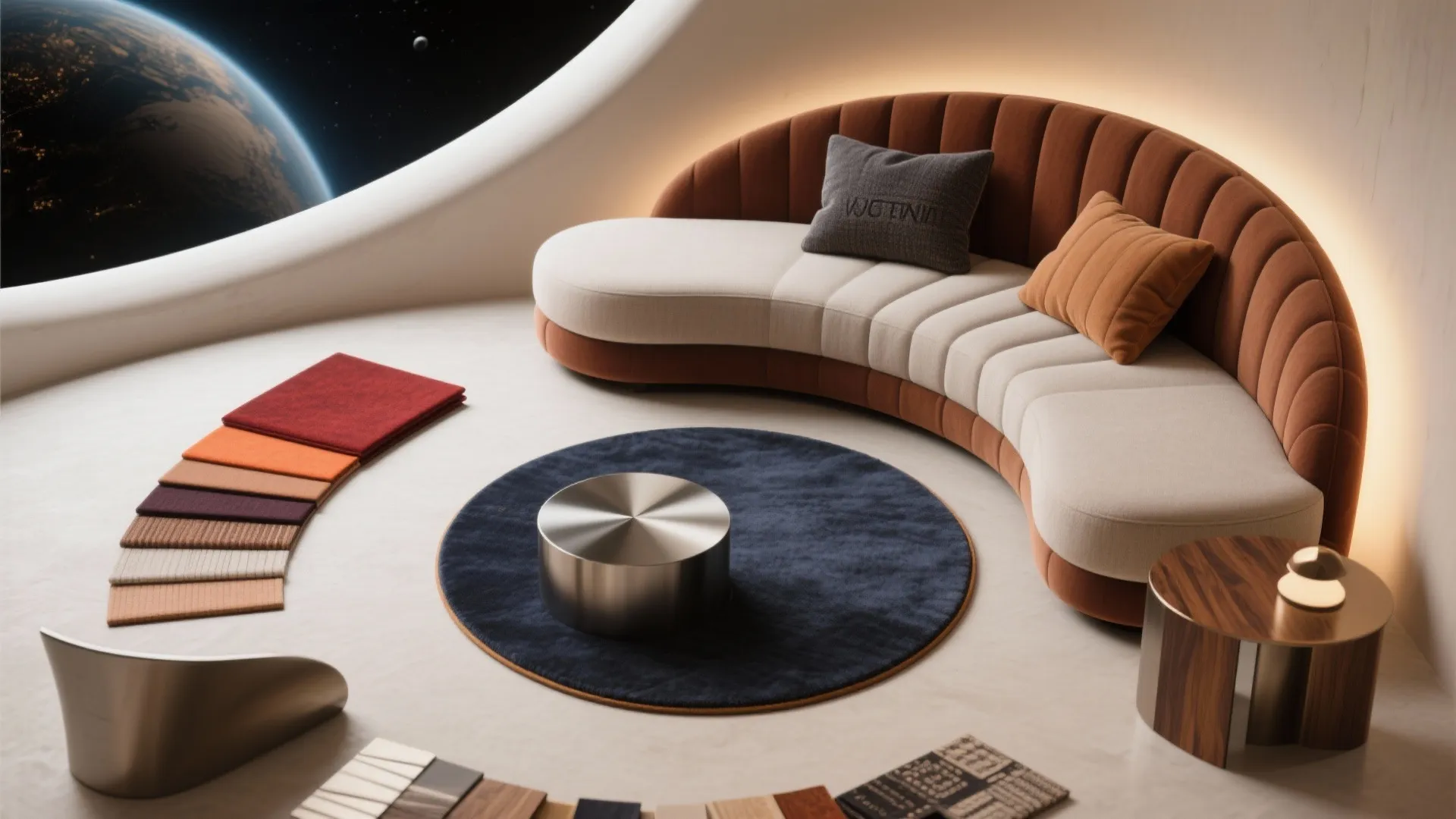Modern curved sofa with fabric samples on the floor and a view of the earth