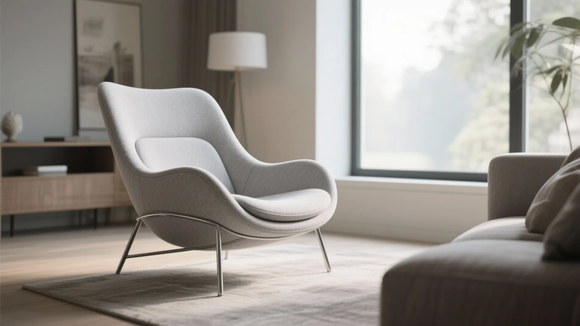 Grey curved chair with metal legs sitting on a rug near a large bright window
