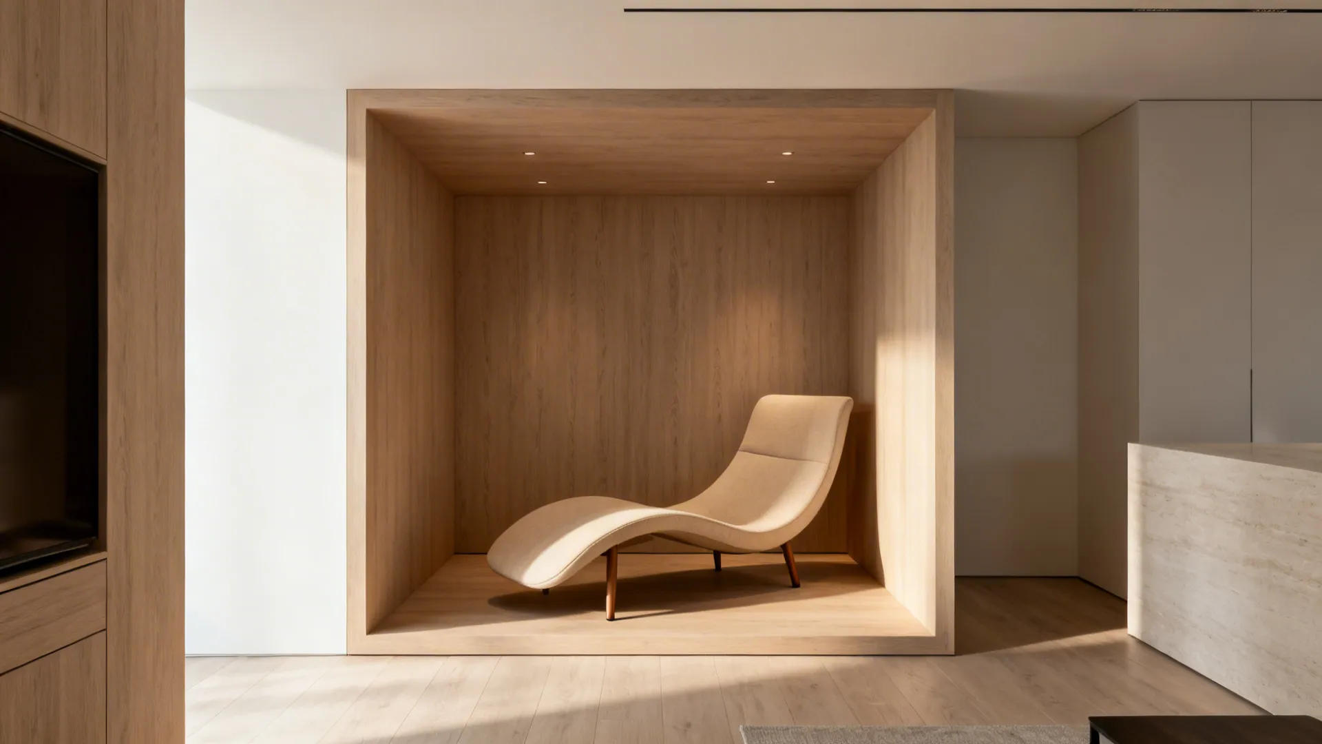 Curved beige lounge chair with exposed legs in a compact living room, showing good circulation and soft angles