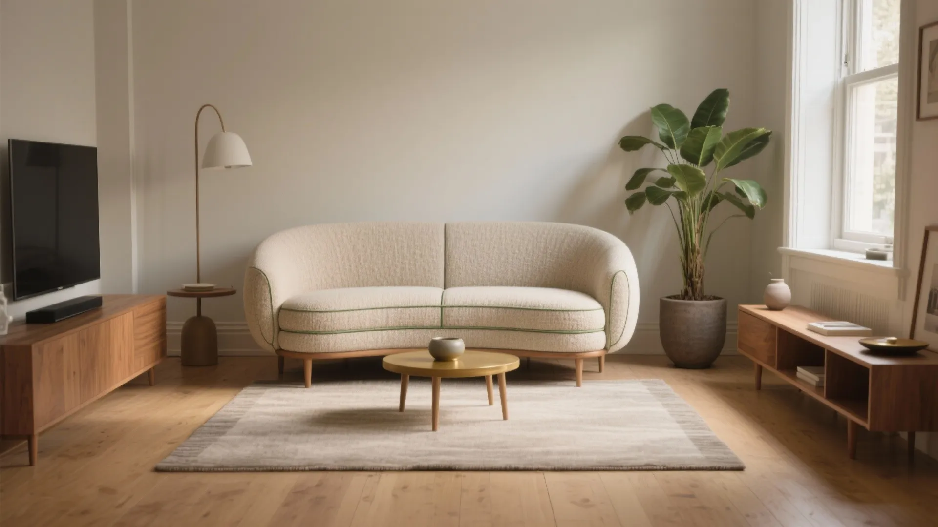Cozy living room featuring curved sofa wood cabinets round coffee table area rug and large plant