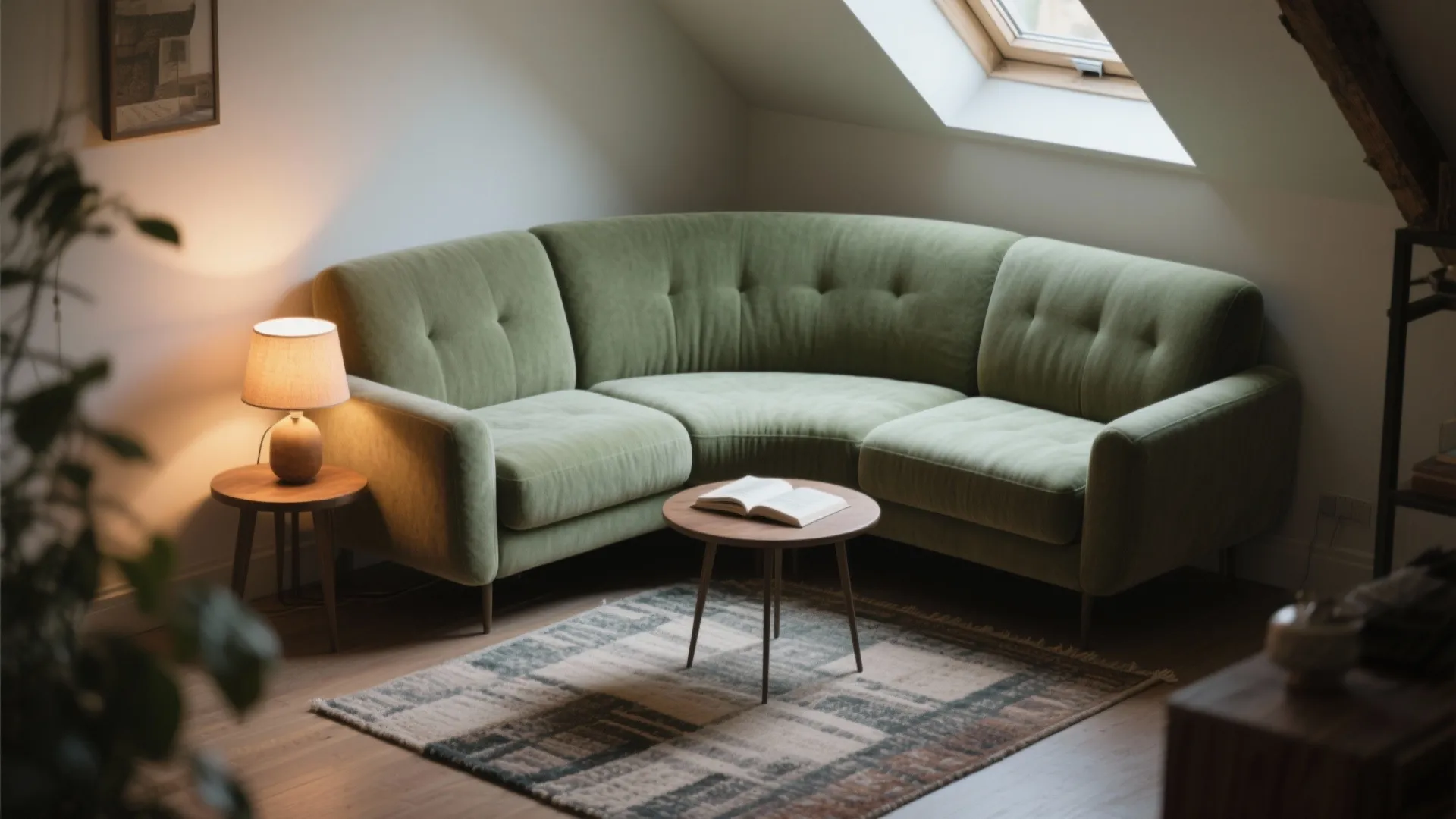 Green curved sofa in attic living room with rug side table small lamp and window