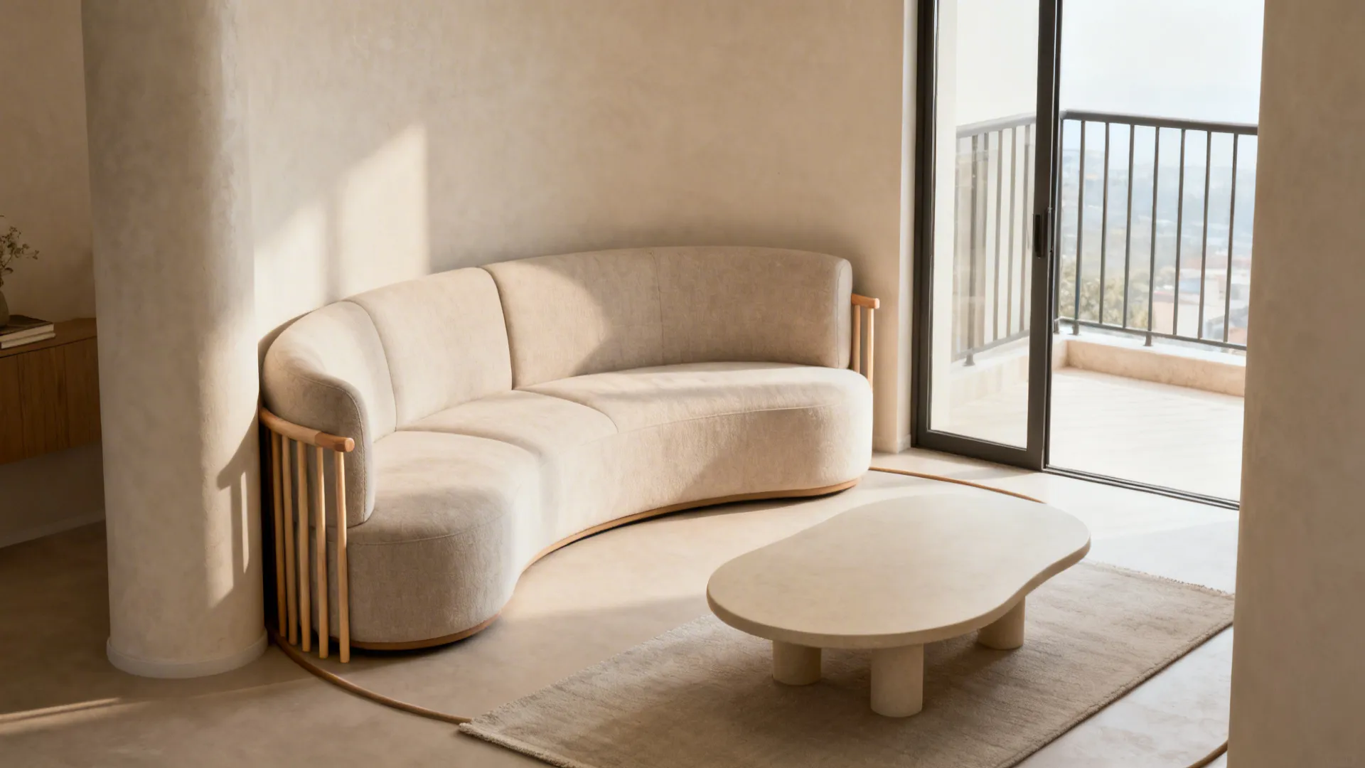 Curved slim-arm loveseat tucked by a column with rounded coffee table and clear circulation.