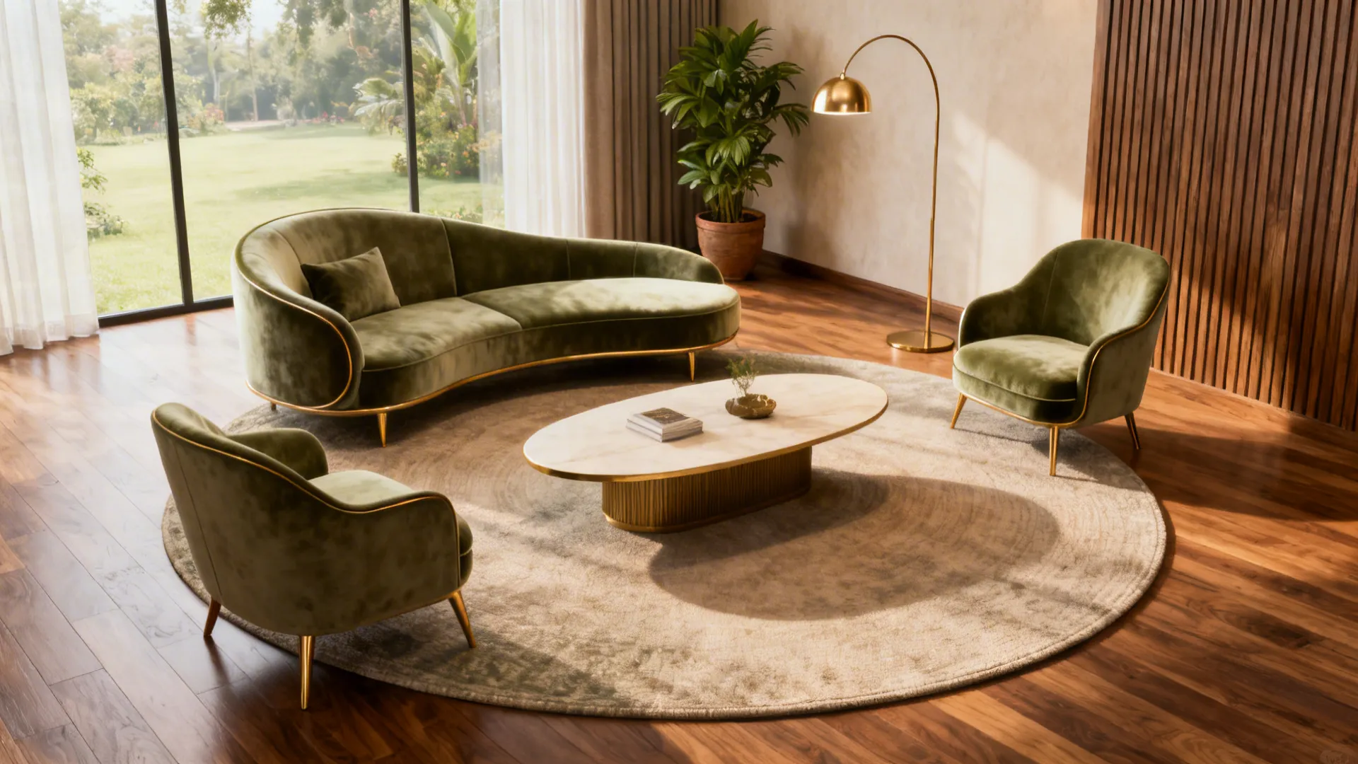 Curved loveseat and armless accent chair in a soft modern Indian living room with round rug and arc lamp.