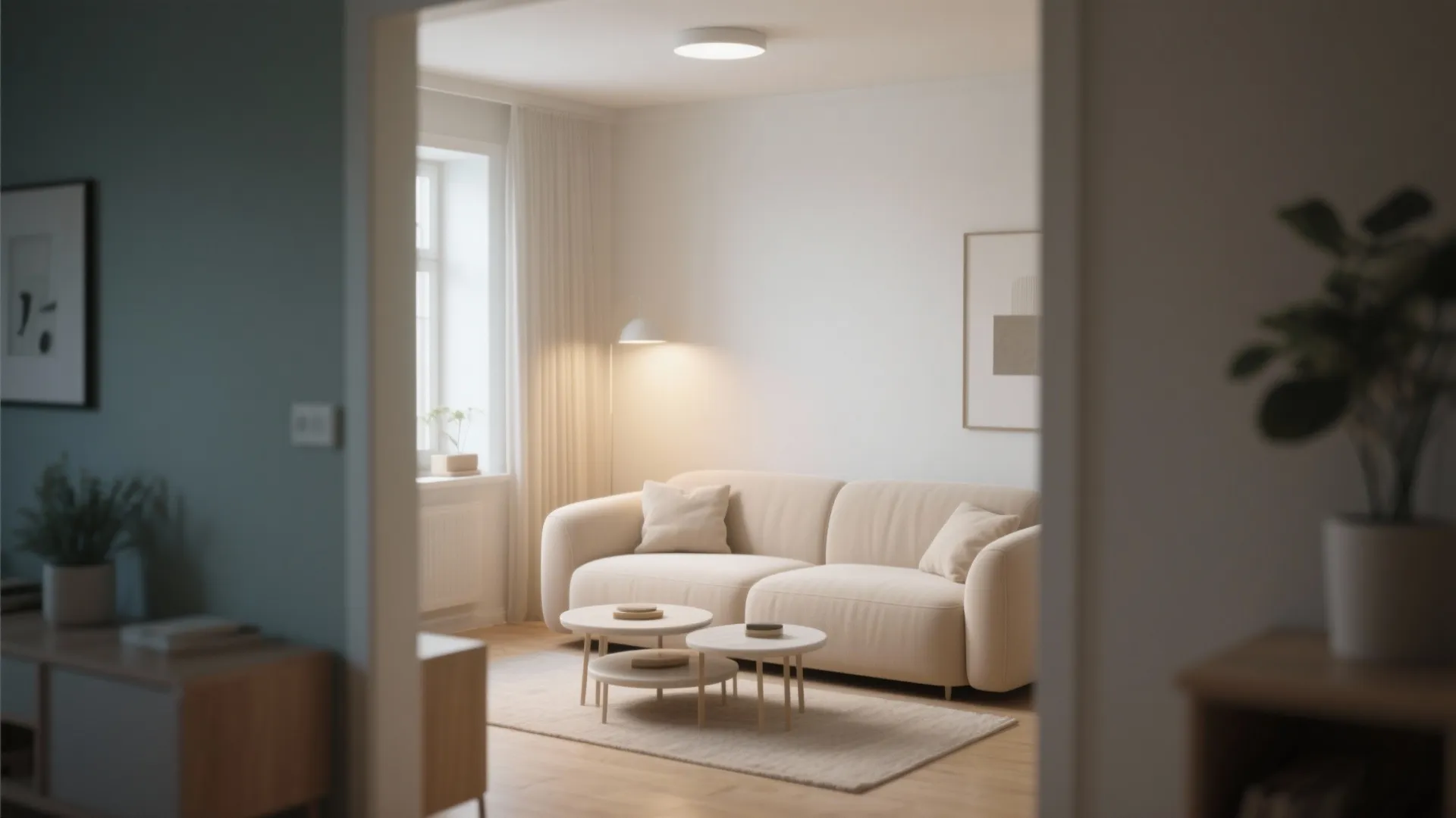 Compact curved loveseat in a small living room with nesting tables