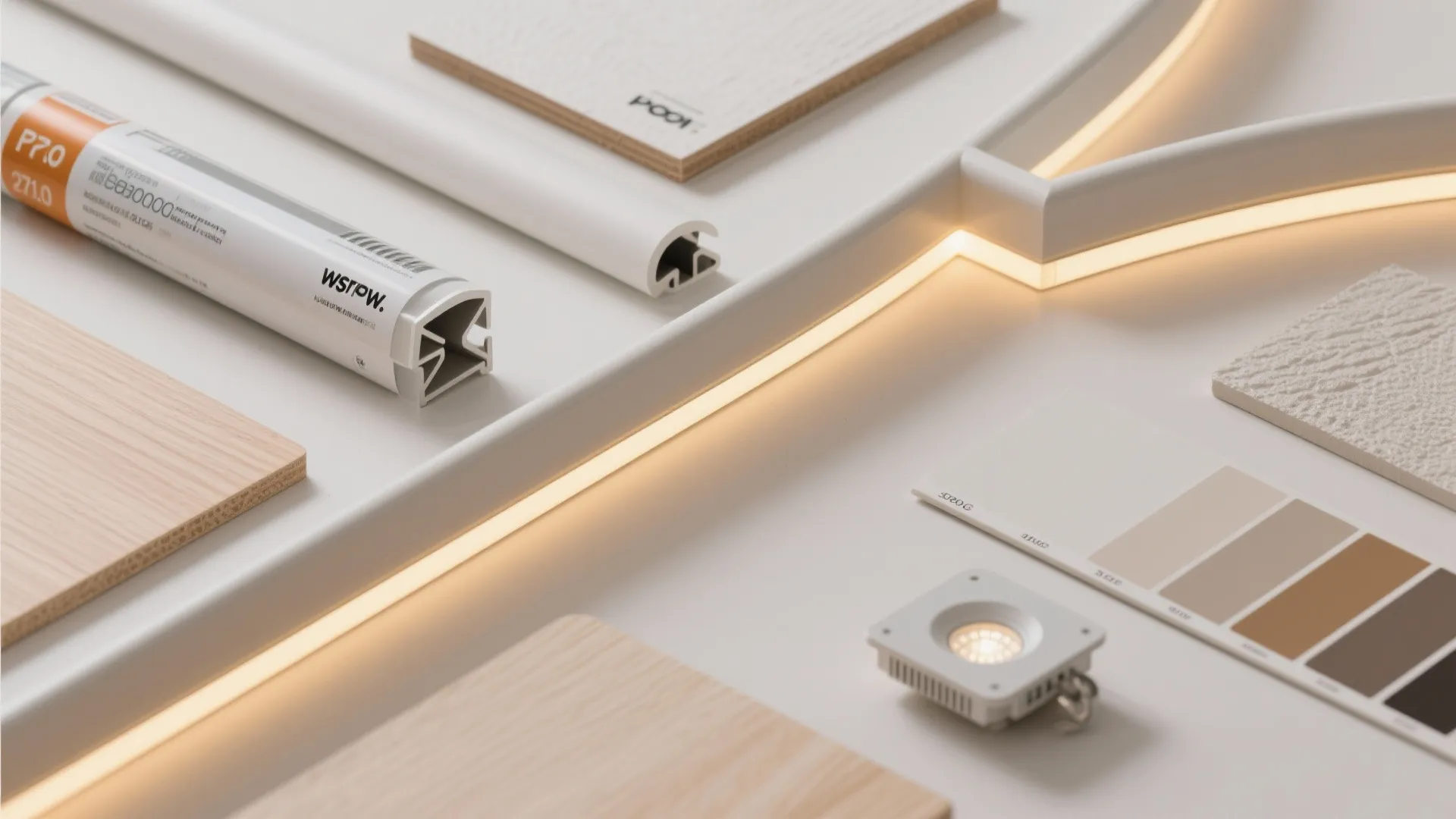 Top-down flatlay of POP materials, LEDs, paint swatches, and corner beads for curved ceiling design.